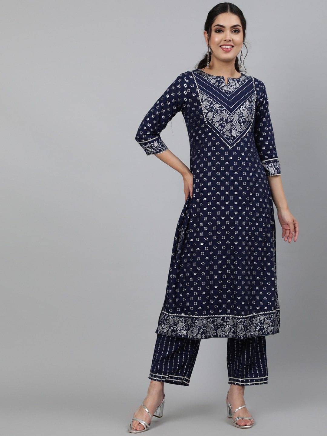     			Kimayra Women Viscose Printed Flared Kurti With Pants ( Blue )