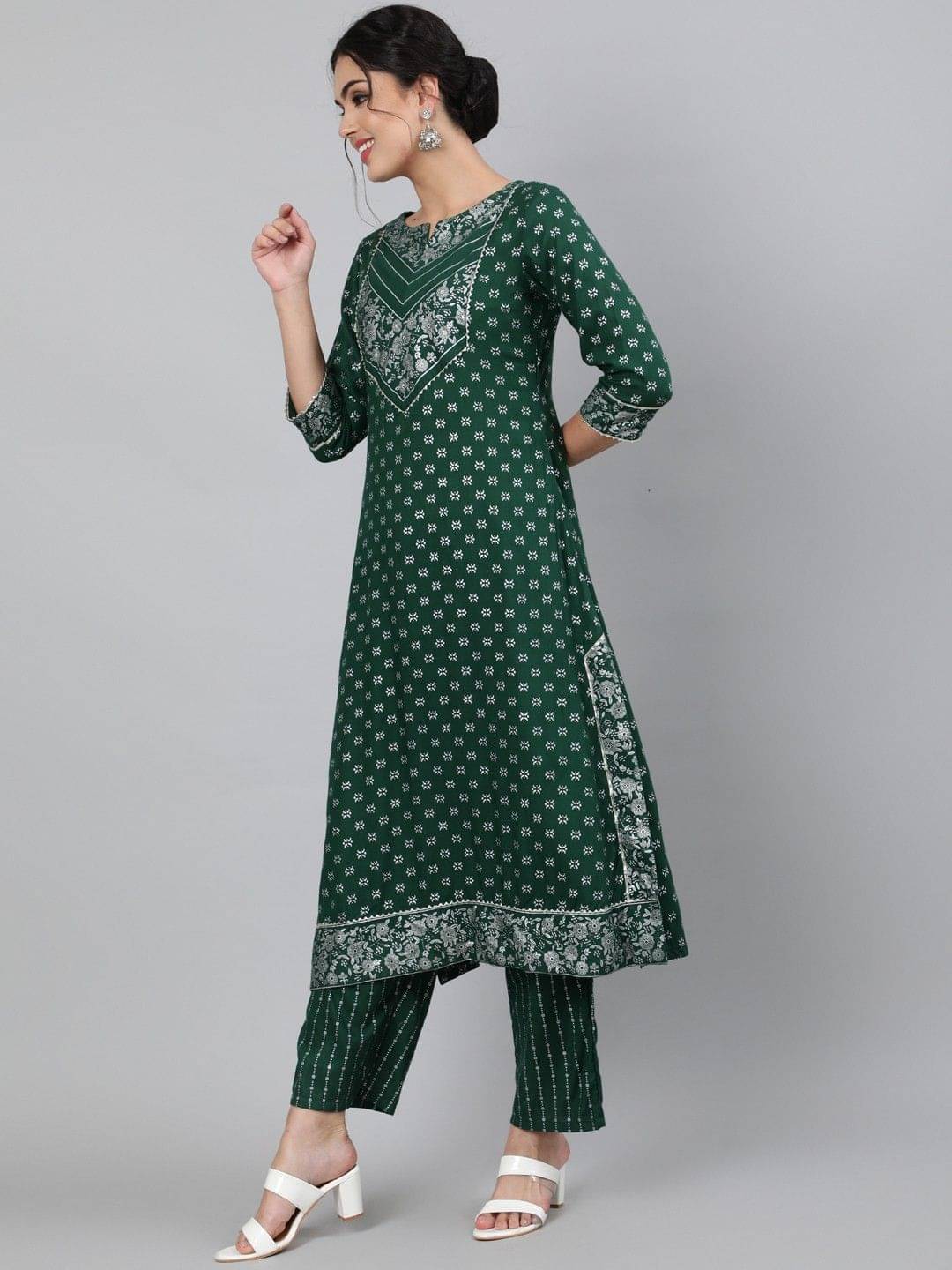 Kimayra Women Viscose Printed Flared Kurti With Pants ( Green ) Kimayra Women Viscose Printed Flared Kurti With Pants ( Green )