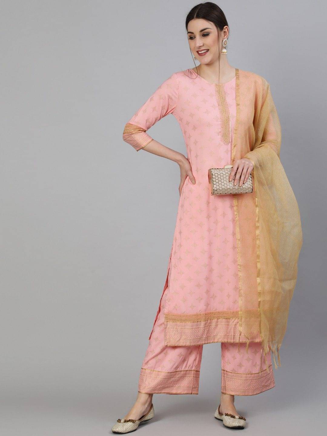     			Kimayra Women Viscose Printed Flared Kurti With Palazzo ( Pink )