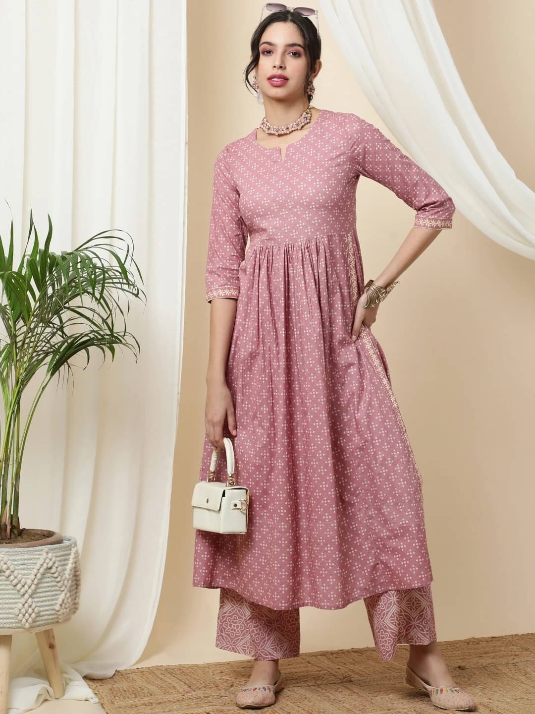     			Kimayra Women Viscose Printed Flared Kurti With Palazzo ( Pink )