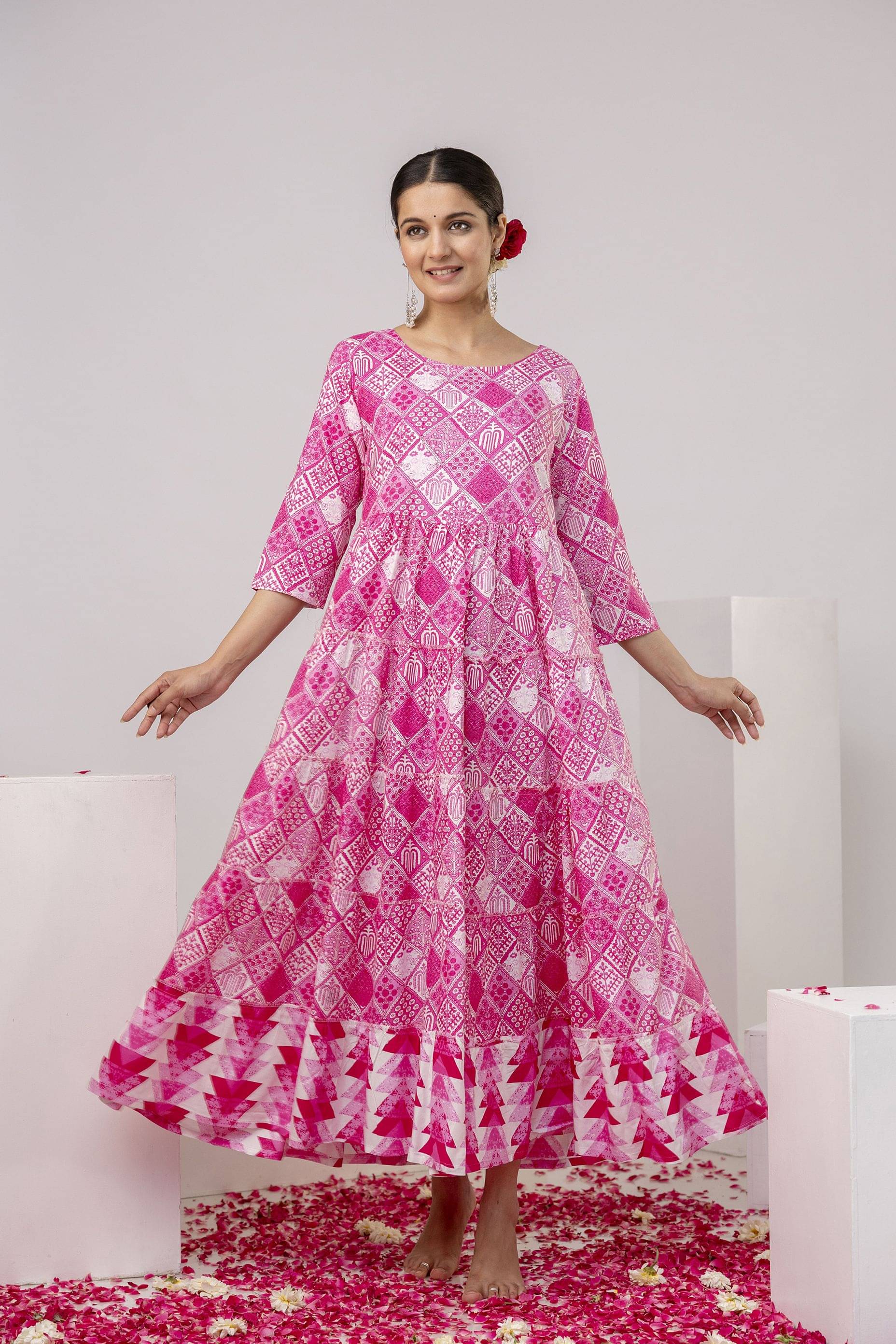     			Kimayra Women Viscose Rayon Printed Flared Kurti ( Pink )