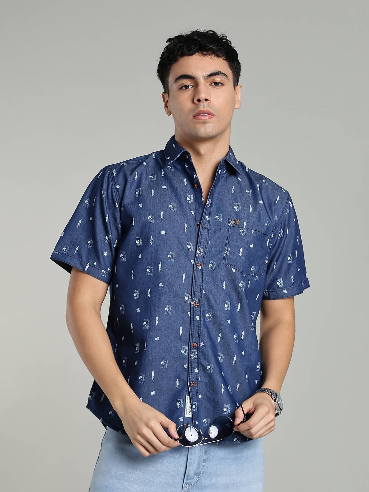     			Kuons Avenue Denim Regular Fit Printed Half Sleeves Men's Casual Shirt - Blue ( Pack of 1 )