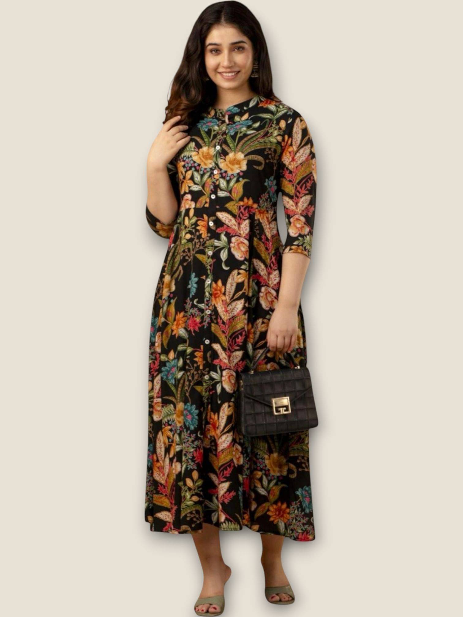     			MK creation Women Rayon Printed Gown ( Black )