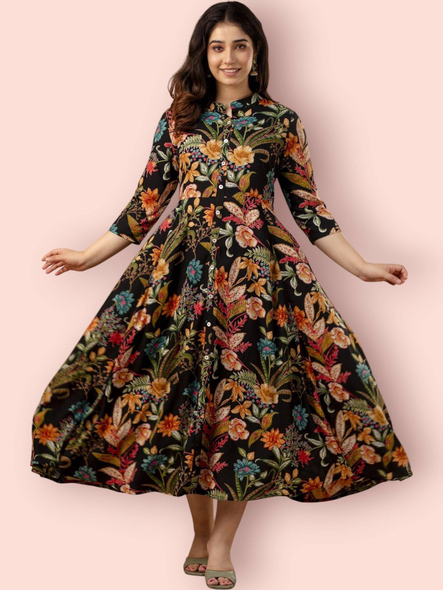     			MK creation Women Rayon Printed Gown ( Black )