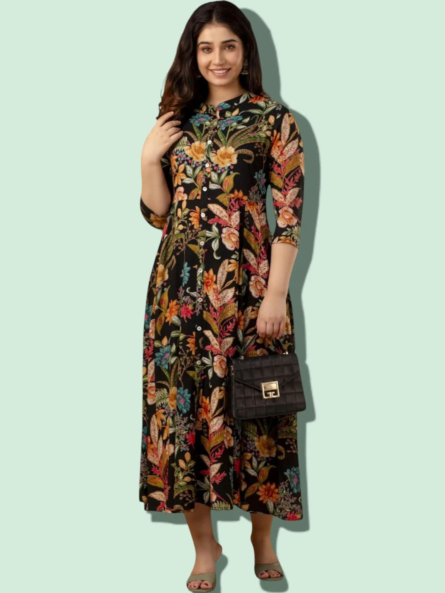     			MK creation Women Rayon Printed Gown ( Black )