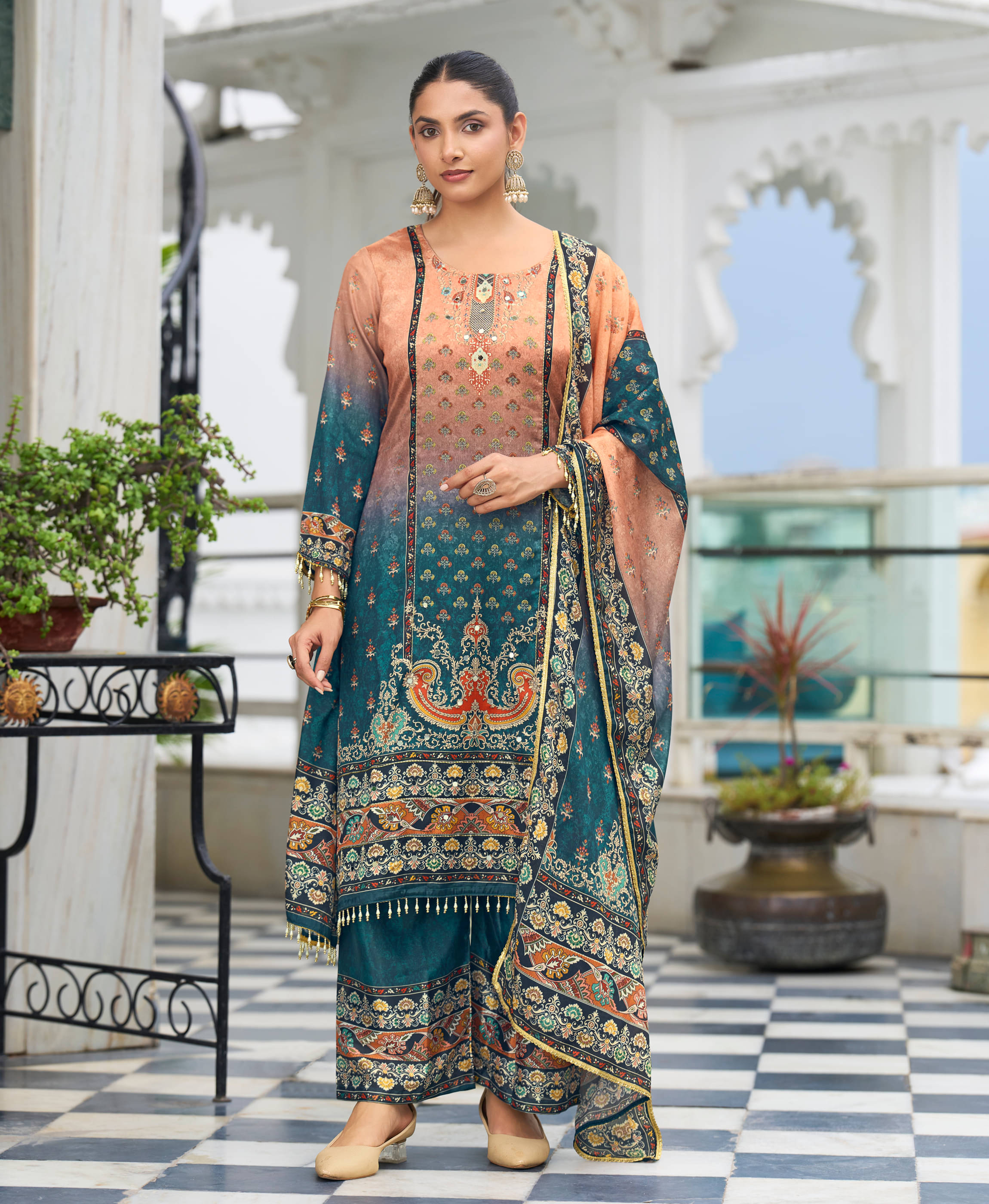 MOJILAA Women Chiffon Printed Flared Kurti With Palazzo ( Peach )     			MOJILAA Women Chiffon Printed Flared Kurti With Palazzo ( Peach )