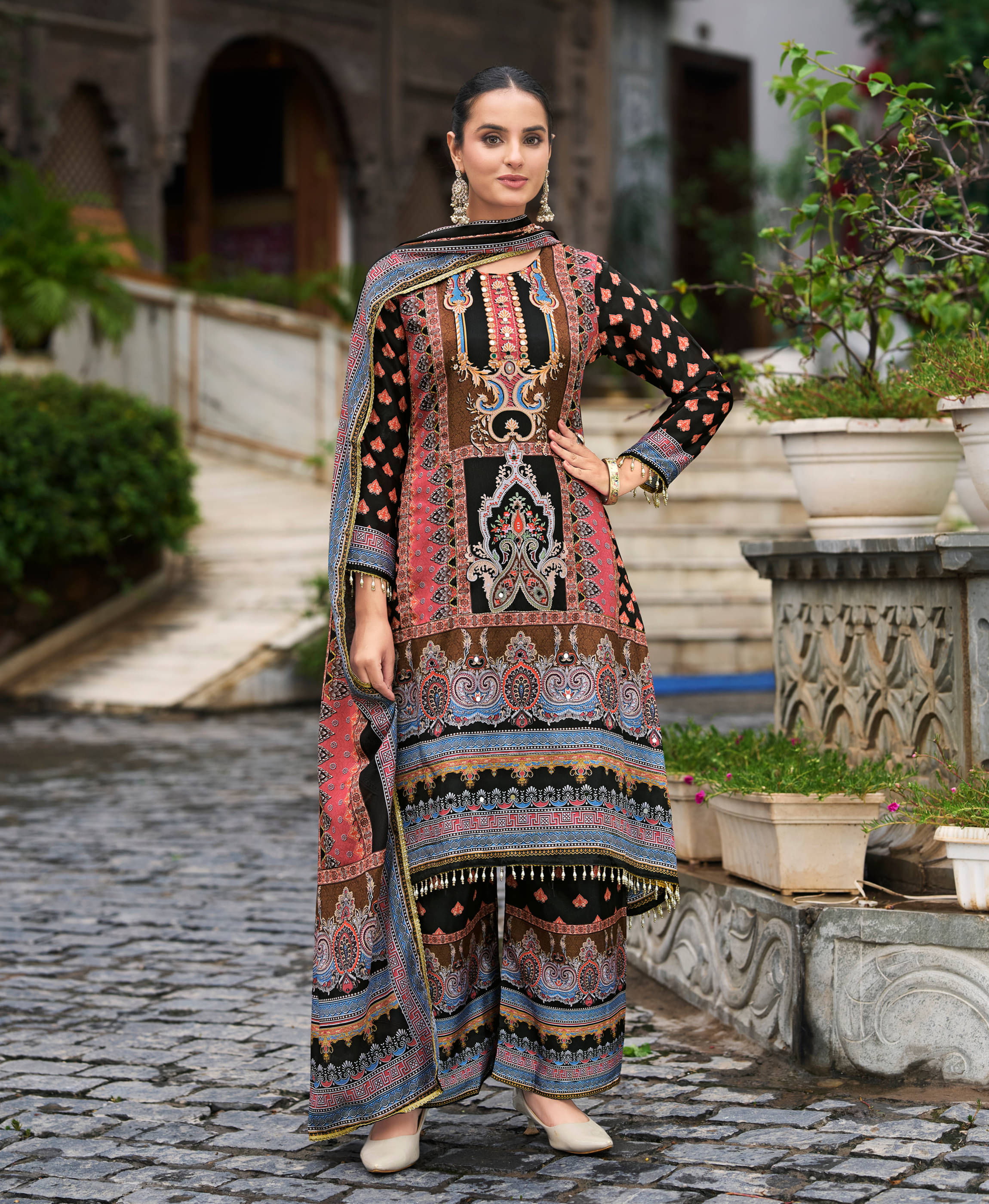 MOJILAA Women Chiffon Printed Flared Kurti With Palazzo ( Multicolor )     			MOJILAA Women Chiffon Printed Flared Kurti With Palazzo ( Multicolor )