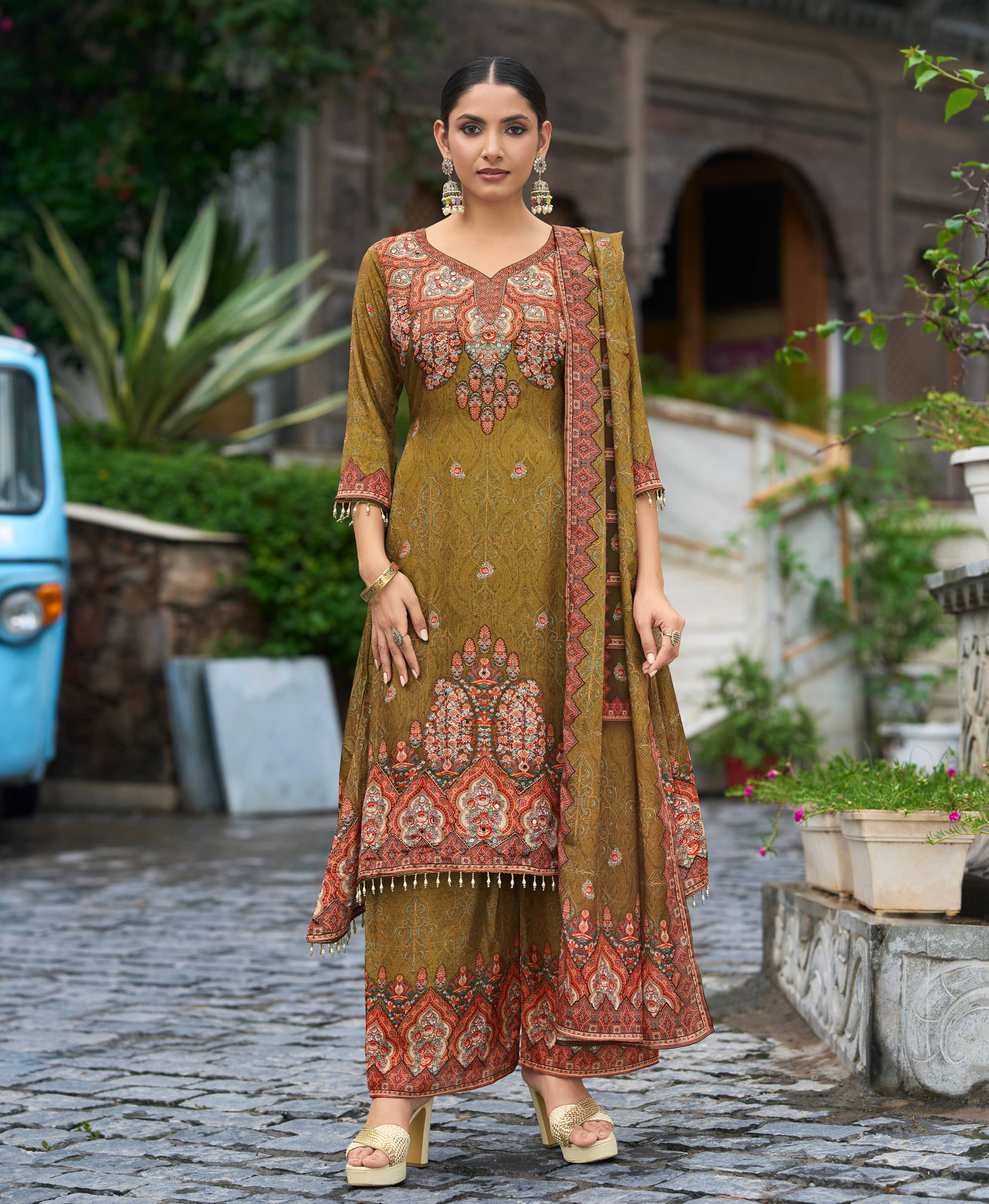     			MOJILAA Women Chiffon Printed Flared Kurti With Palazzo ( Olive )