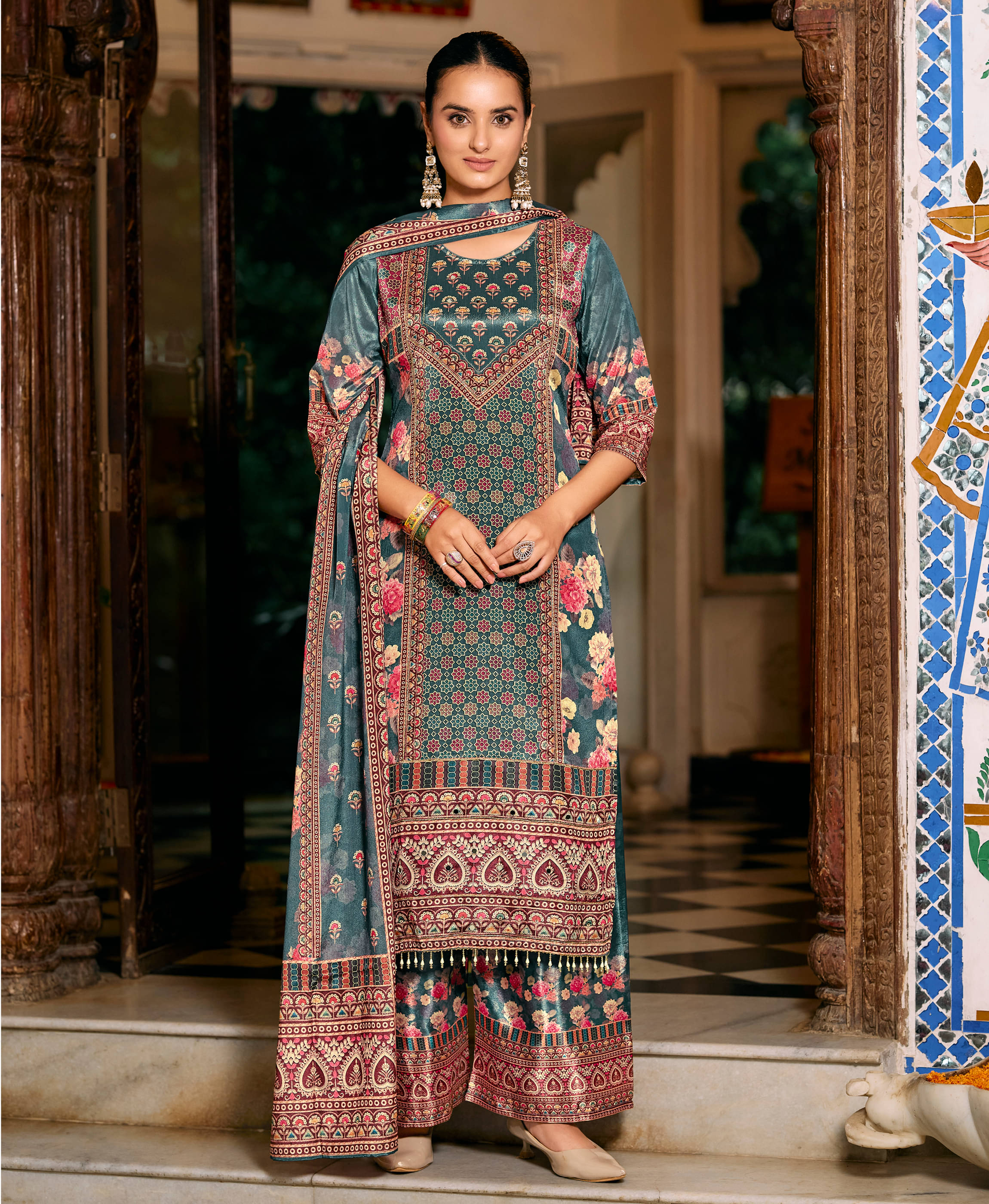 MOJILAA Women Chiffon Printed Straight Kurti With Palazzo ( Teal )     			MOJILAA Women Chiffon Printed Straight Kurti With Palazzo ( Teal )