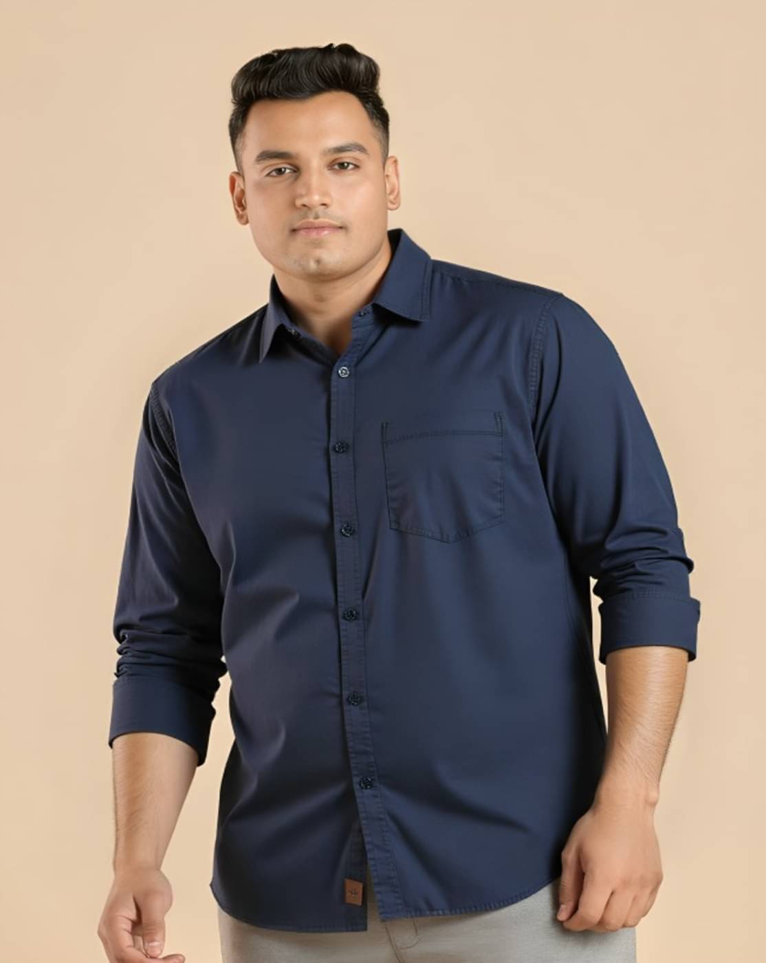     			PLUS PARADISE Cotton Blend Regular Fit Solids Full Sleeves Men's Casual Shirt - Navy ( Pack of 1 )