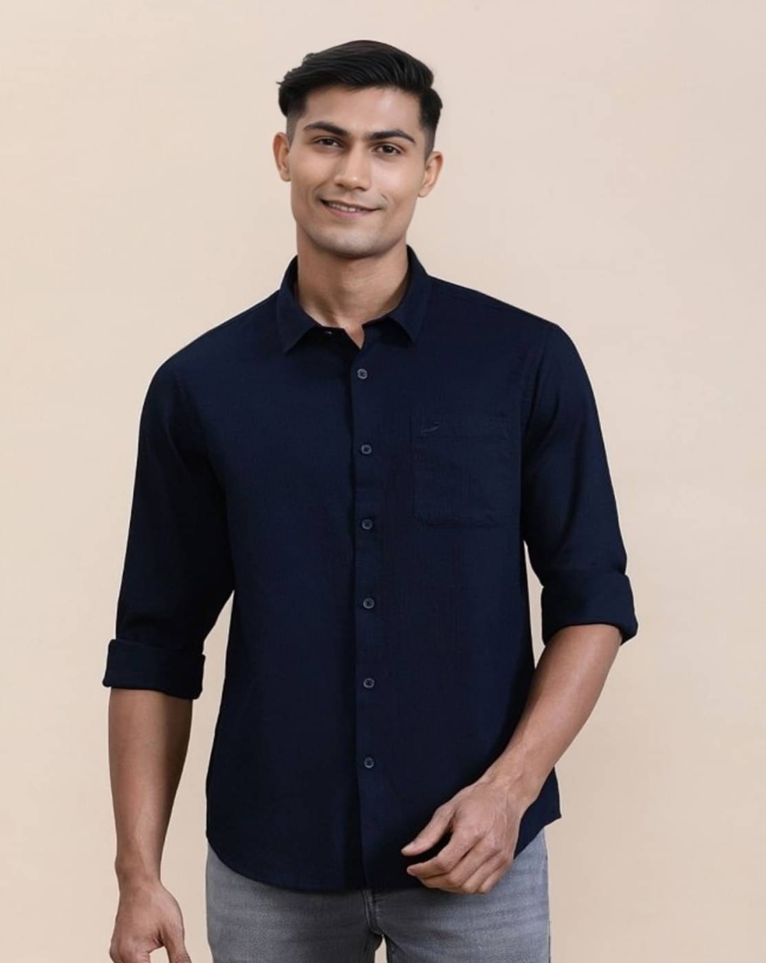 PLUS PARADISE Cotton Blend Regular Fit Solids Full Sleeves Men's Casual Shirt - Navy ( Pack of 1 ) PLUS PARADISE Cotton Blend Regular Fit Solids Full Sleeves Men's Casual Shirt - Navy ( Pack of 1 )