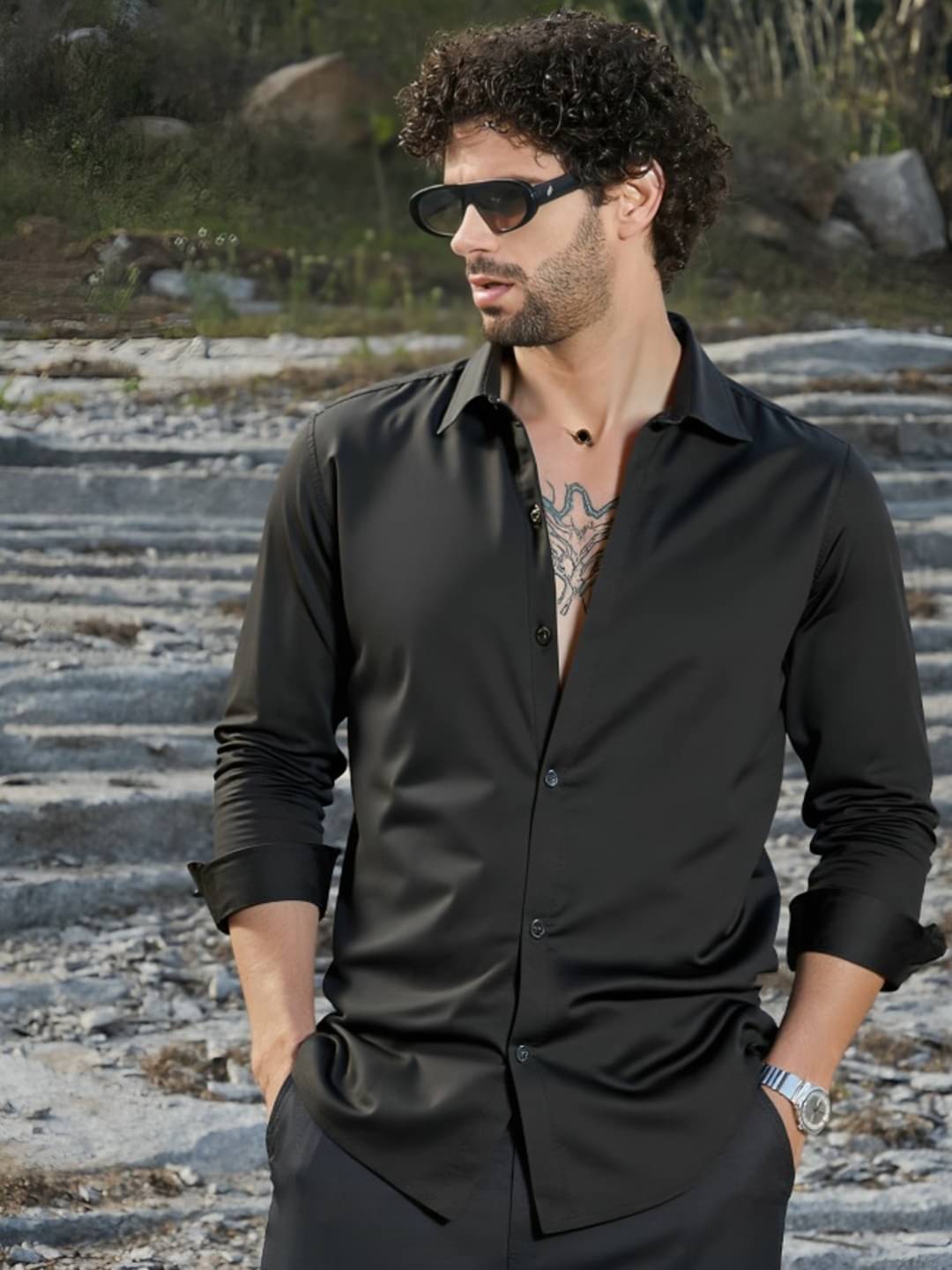 PLUS PARADISE Satin Regular Fit Solids Full Sleeves Men's Casual Shirt - Black ( Pack of 1 ) PLUS PARADISE Satin Regular Fit Solids Full Sleeves Men's Casual Shirt - Black ( Pack of 1 )