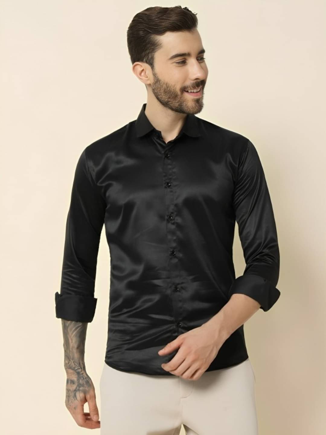 PLUS PARADISE Satin Regular Fit Solids Full Sleeves Men's Casual Shirt - Black ( Pack of 1 ) PLUS PARADISE Satin Regular Fit Solids Full Sleeves Men's Casual Shirt - Black ( Pack of 1 )