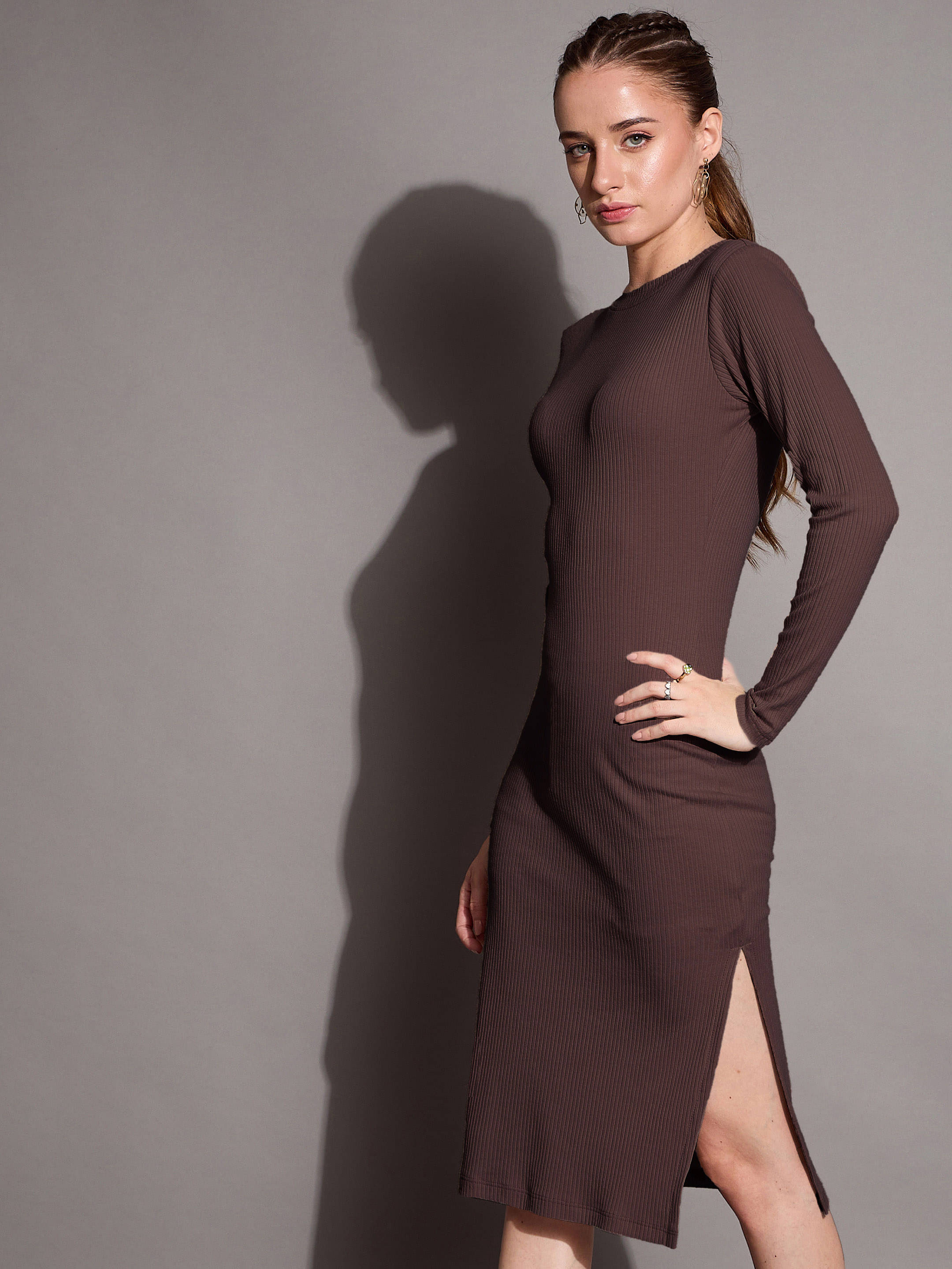     			SASSAFRAS BASICS Women Cotton Blend Self Design Bodycon Dress ( Brown )