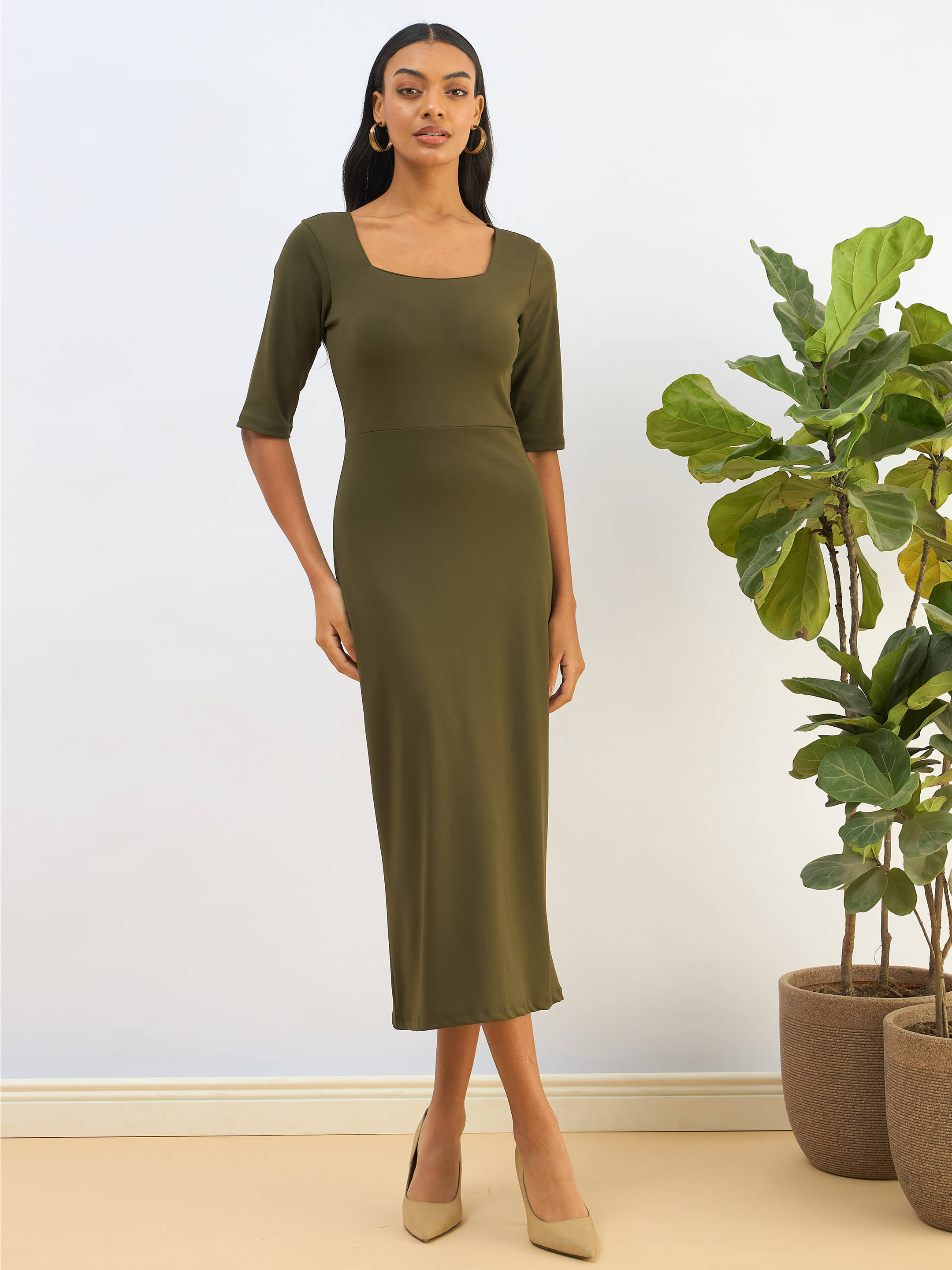 SASSAFRAS BASICS Women Lycra Solid Bodycon Dress ( Olive ) SASSAFRAS BASICS Women Lycra Solid Bodycon Dress ( Olive )