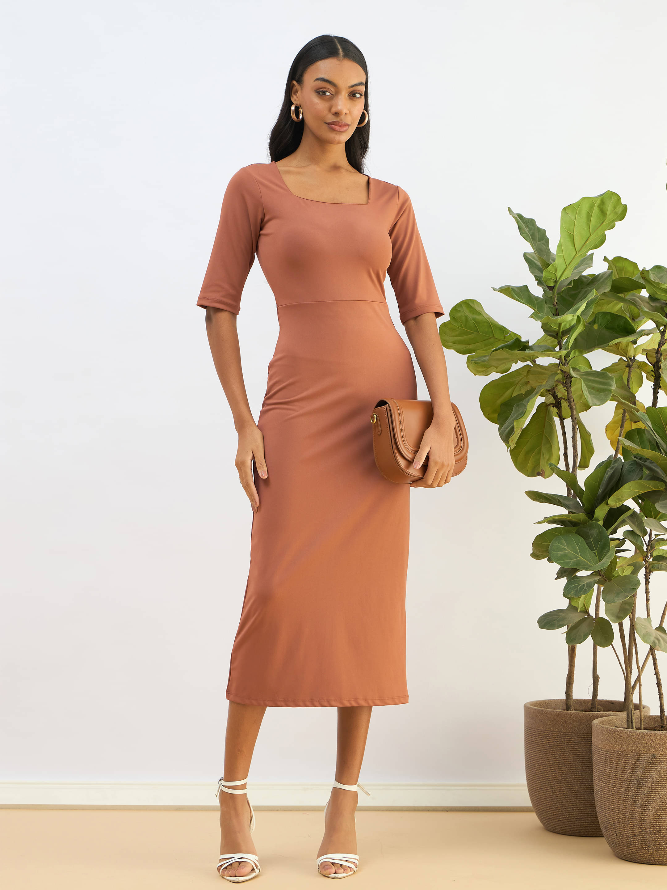SASSAFRAS BASICS Women Lycra Solid Bodycon Dress ( Rust ) SASSAFRAS BASICS Women Lycra Solid Bodycon Dress ( Rust )