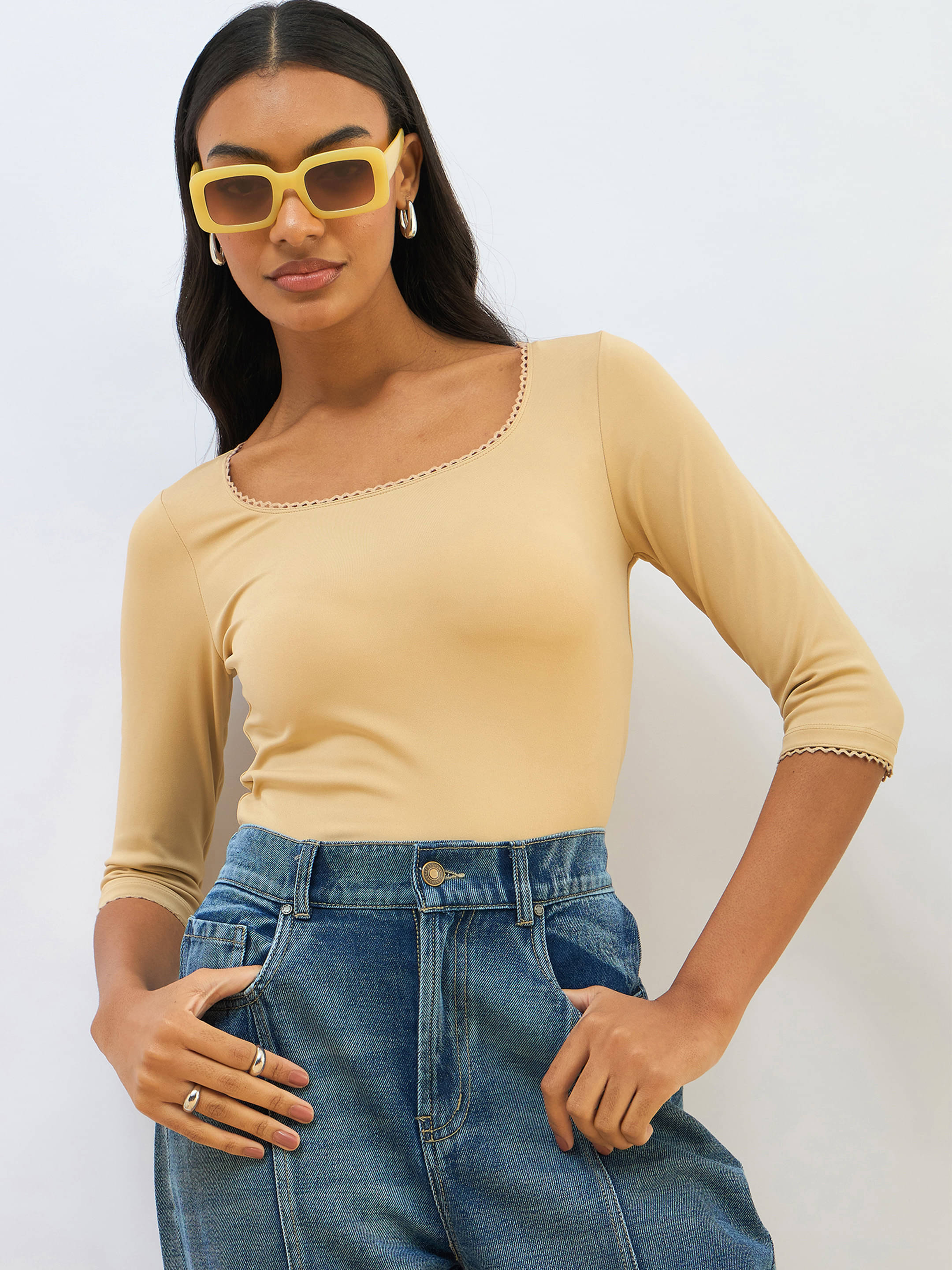 SASSAFRAS BASICS Women's Lycra Crop Top ( Beige ) SASSAFRAS BASICS Women's Lycra Crop Top ( Beige )