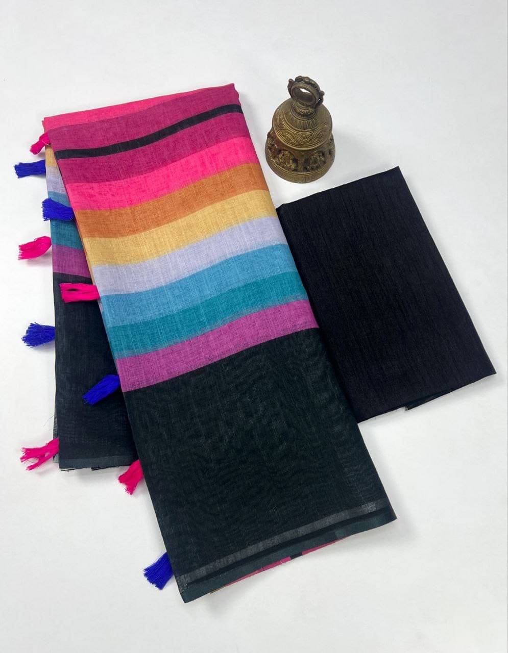     			SATVASHIV Linen Striped Regular Saree With Unstitched Blouse Piece ( Black )