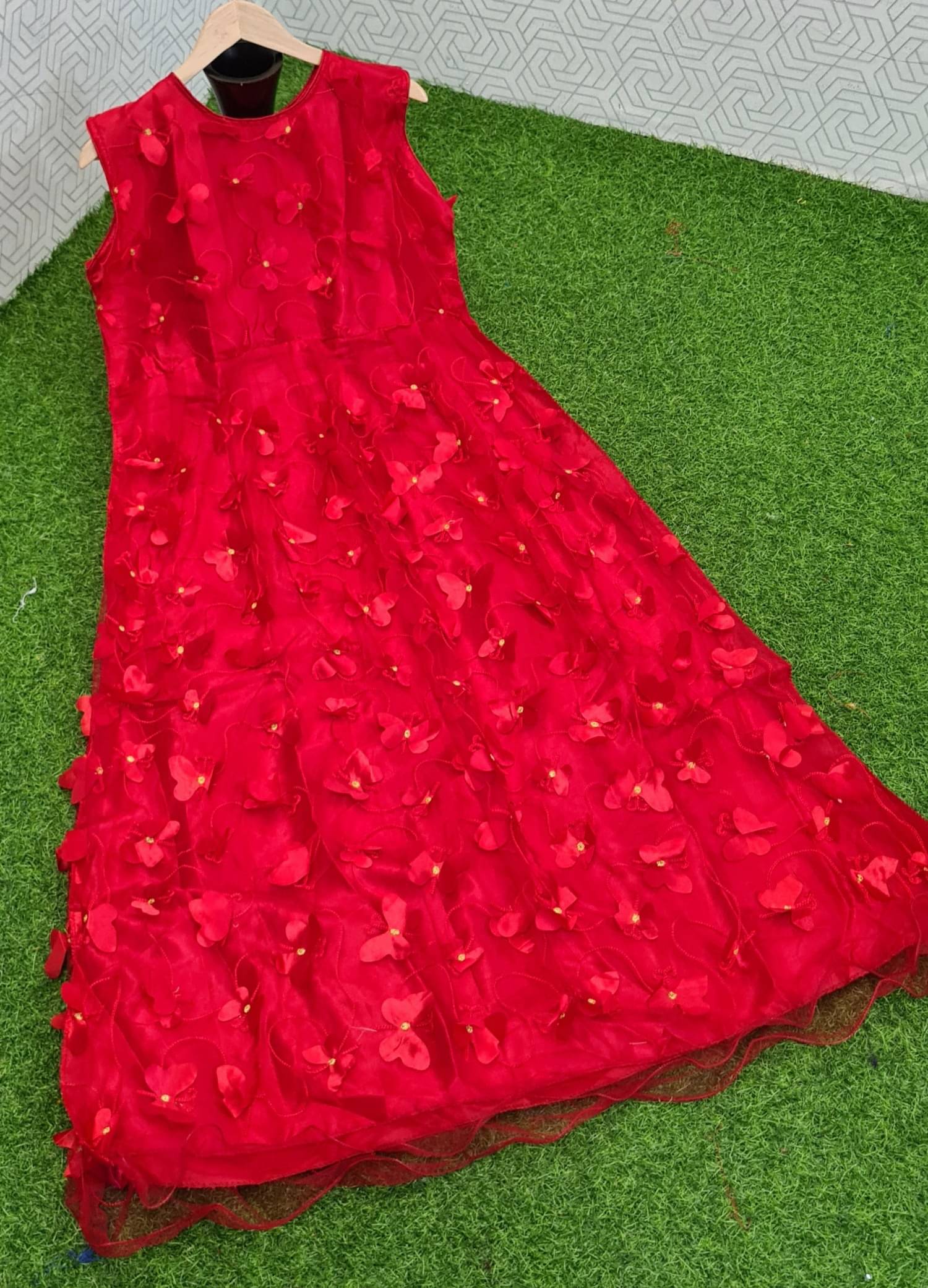 SATVASHIV Women Net Flared Semi Stitched Ethnic Gown ( Red ) SATVASHIV Women Net Flared Semi Stitched Ethnic Gown ( Red )