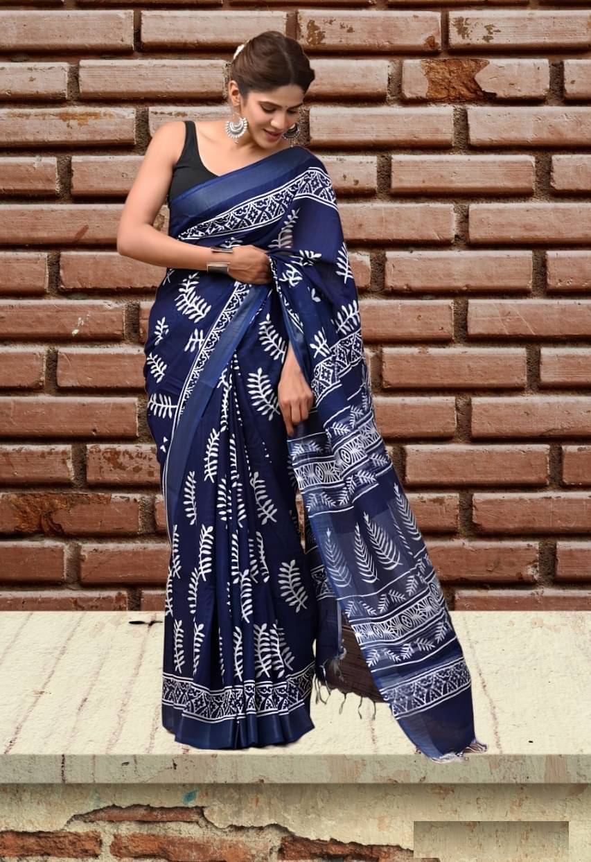     			SHIV TEXTILES Linen Printed Chanderi saree With Unstitched Blouse Piece ( Navy Blue )