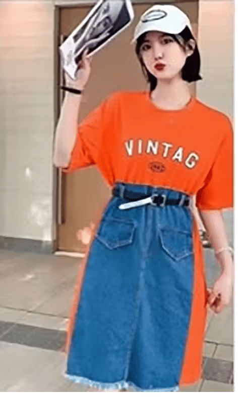     			TRENDY BIRD Women Denim A-line Dress ( Orange )