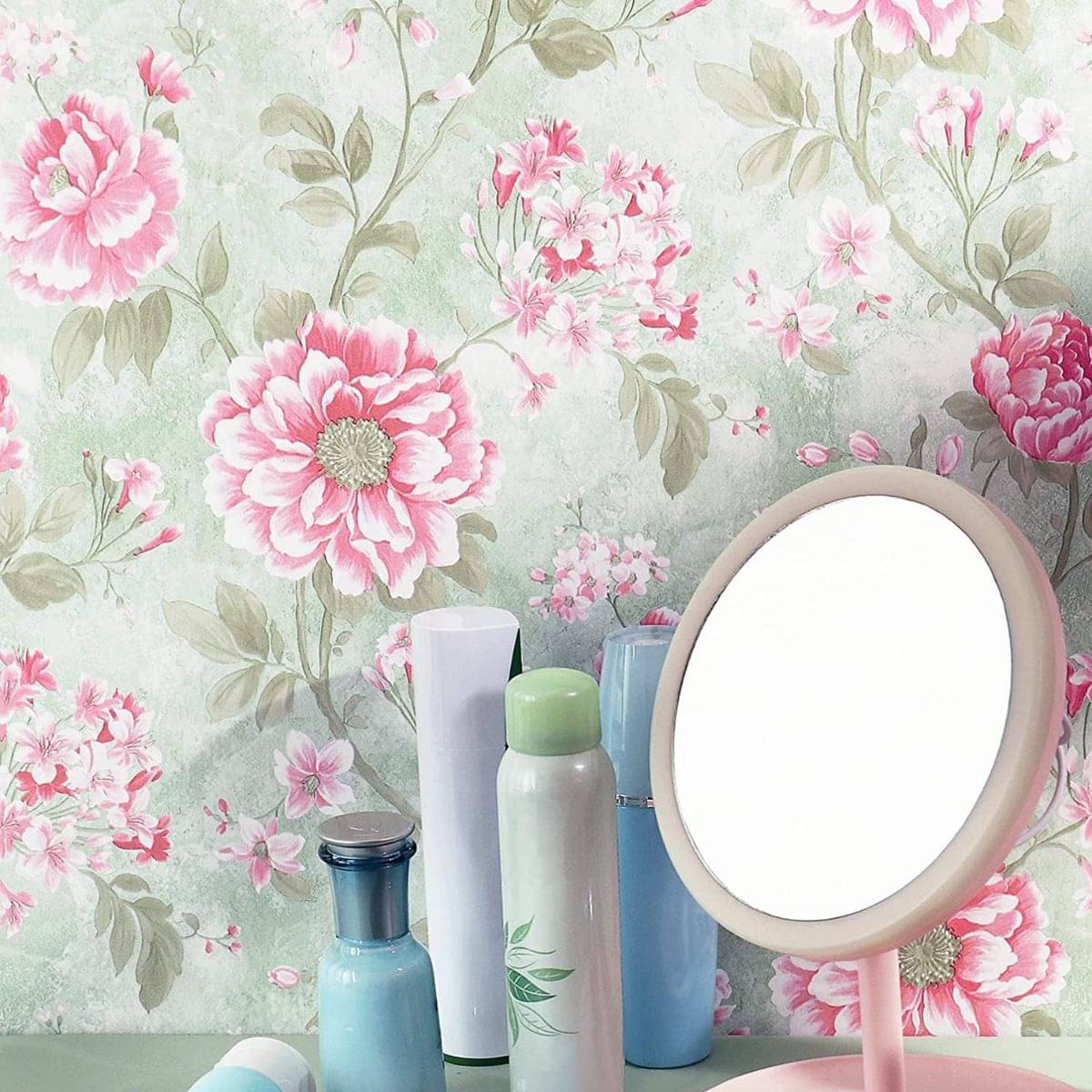     			Tiny Shiny Pink Flower with Leaves Pattern Wallpaper For Wall Home Decoration
