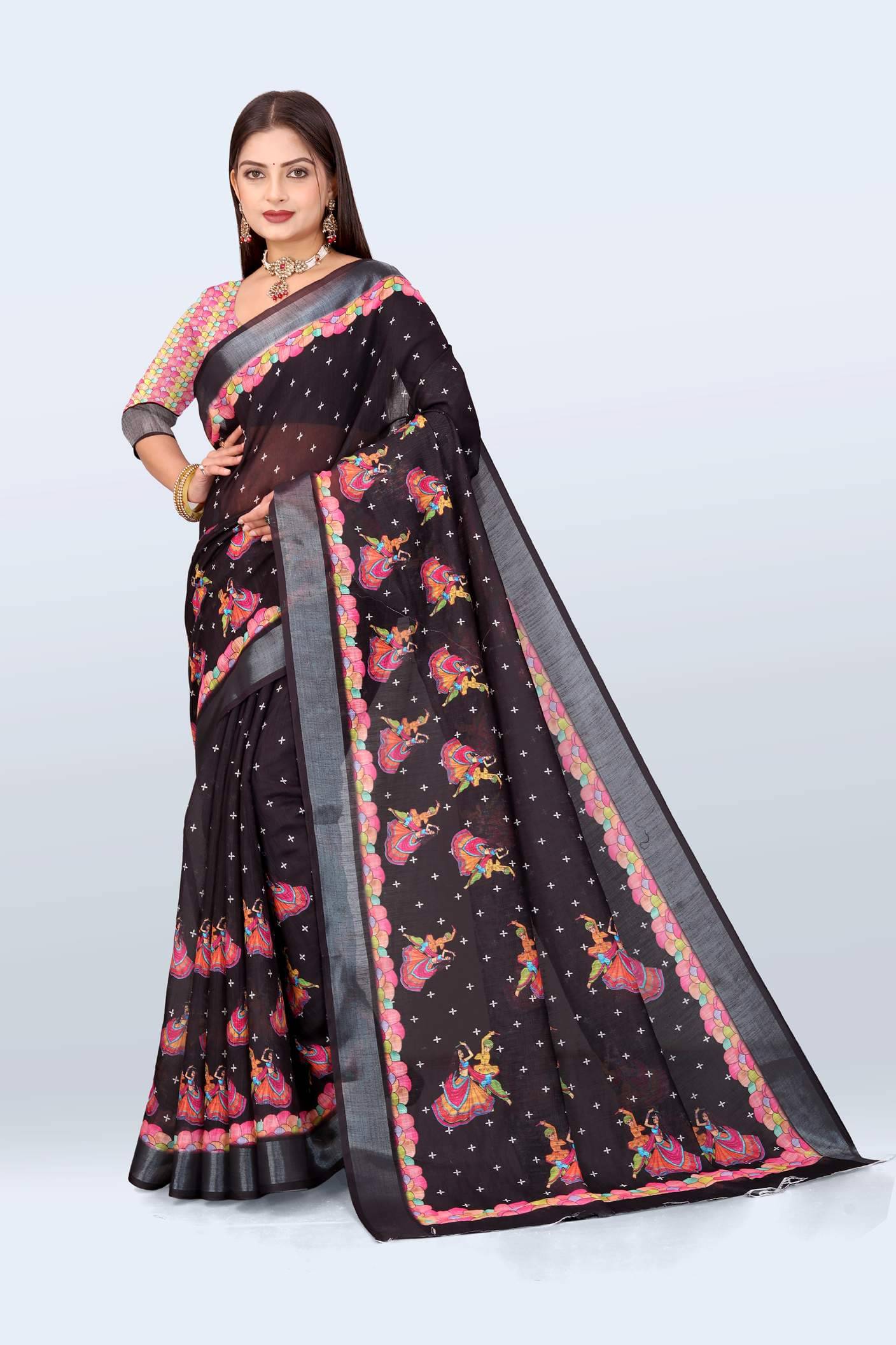     			VTEXX Cotton Printed Regular Saree With Unstitched Blouse Piece ( Black )