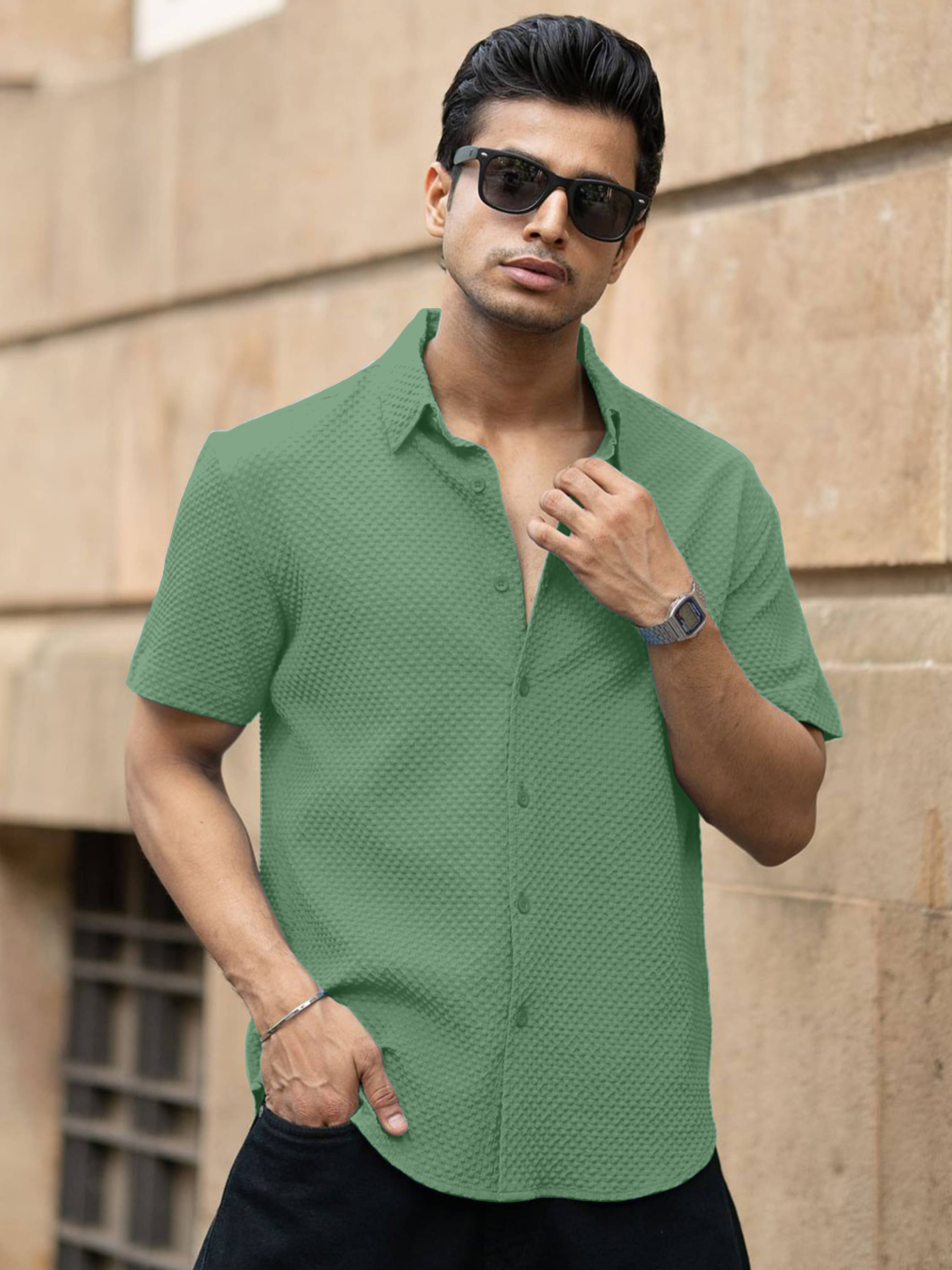     			WEBRIC Cotton Blend Regular Fit Popcorn Textured Half Sleeves Men's Casual Shirt - Green ( Pack of 1 )