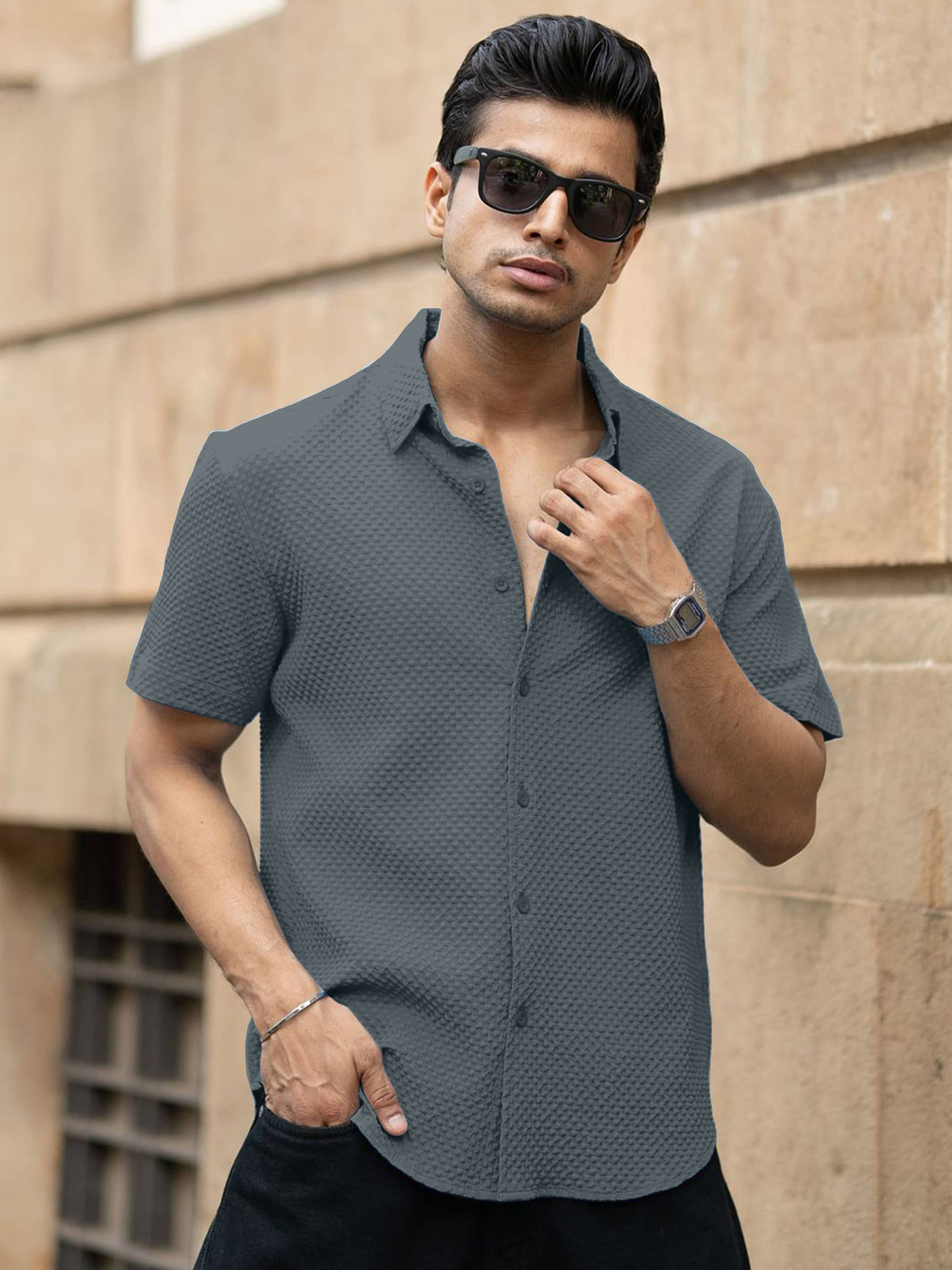     			WEBRIC Cotton Blend Regular Fit Popcorn Textured Half Sleeves Men's Casual Shirt - Grey ( Pack of 1 )