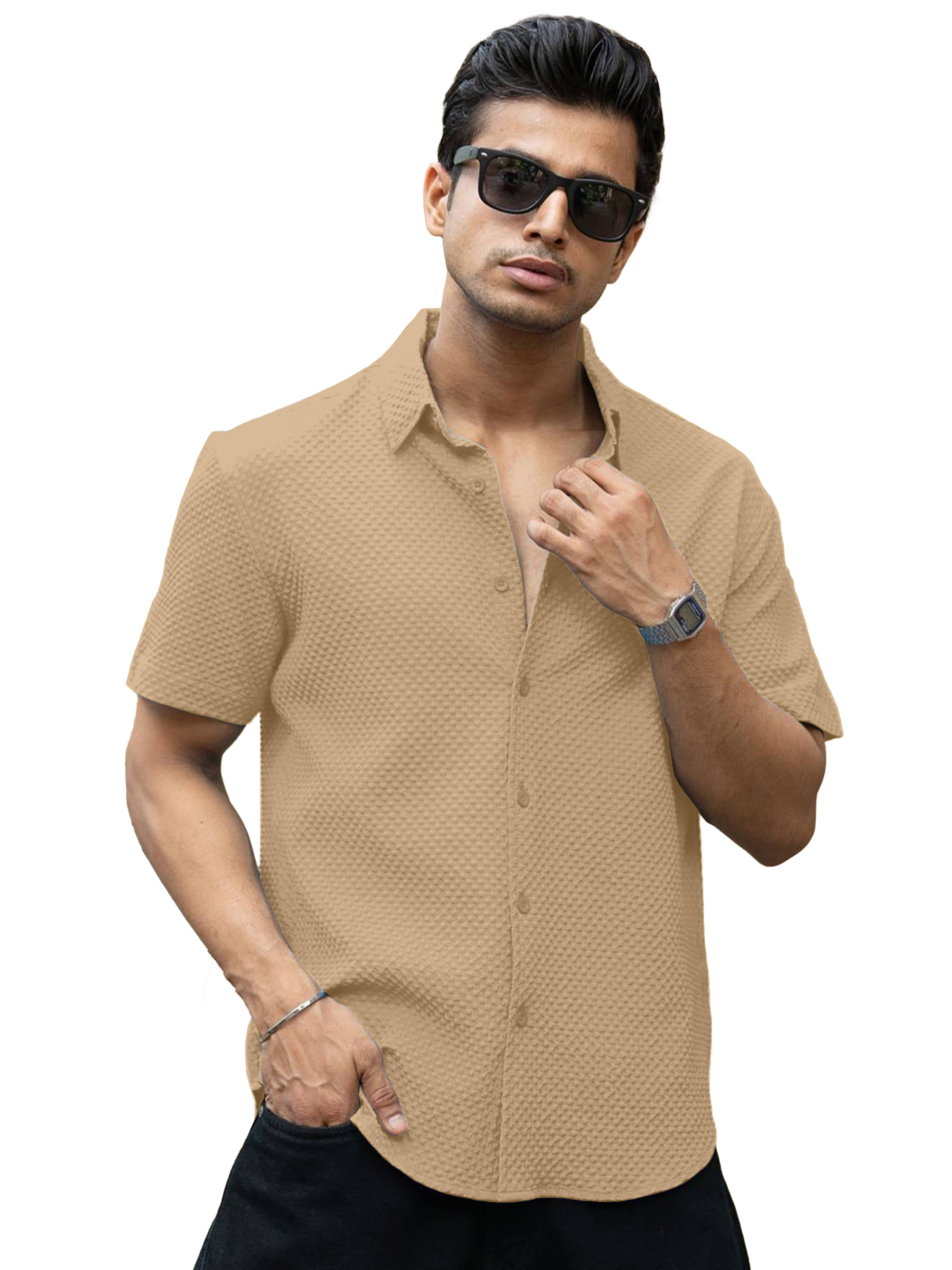 WEBRIC Cotton Blend Regular Fit Popcorn Textured Half Sleeves Men's Casual Shirt - Cream ( Pack of 1 )