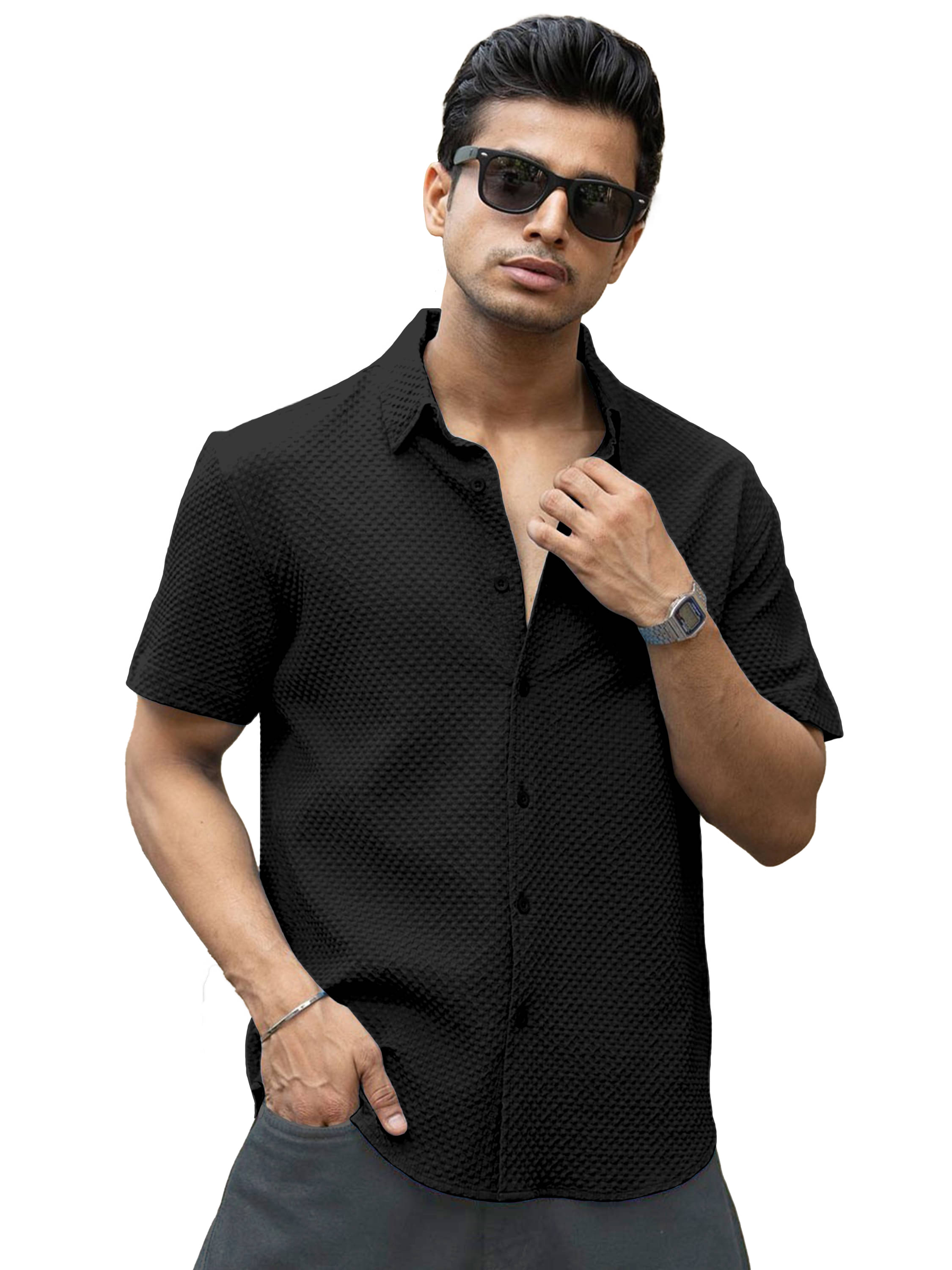 WEBRIC Cotton Blend Regular Fit Popcorn Textured Half Sleeves Men's Casual Shirt - Black ( Pack of 1 ) WEBRIC Cotton Blend Regular Fit Popcorn Textured Half Sleeves Men's Casual Shirt - Black ( Pack of 1 )