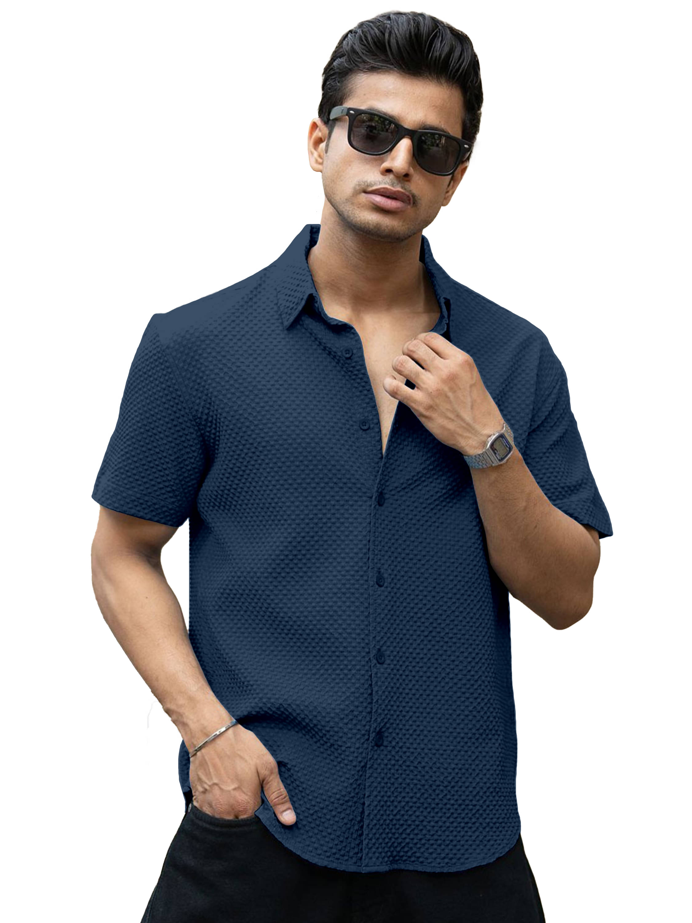 WEBRIC Cotton Blend Regular Fit Popcorn Textured Half Sleeves Men's Casual Shirt - Navy Blue ( Pack of 1 ) WEBRIC Cotton Blend Regular Fit Popcorn Textured Half Sleeves Men's Casual Shirt - Navy Blue ( Pack of 1 )
