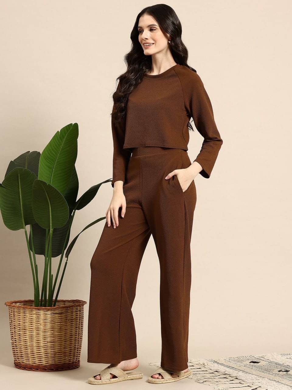     			WESTCLIFF.CO Women Solid Top With Palazzos Co-Ord Set ( Brown )