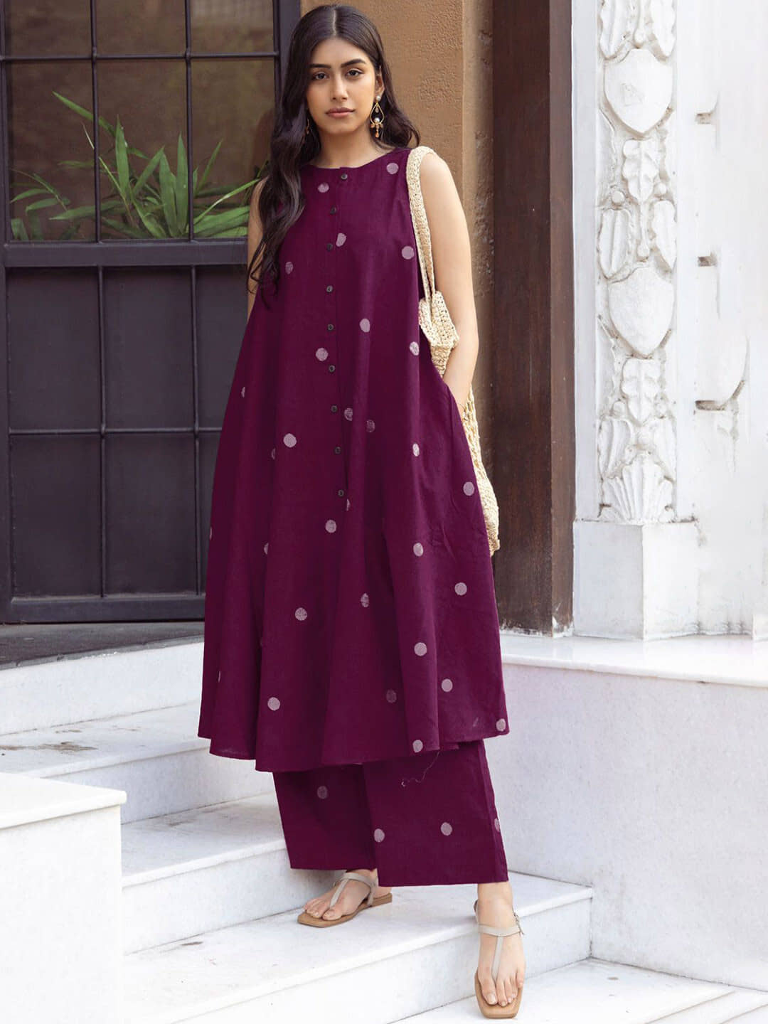 YAGNIK FASHION Women Rayon Self Design A-line Kurti With Pants ( Wine )