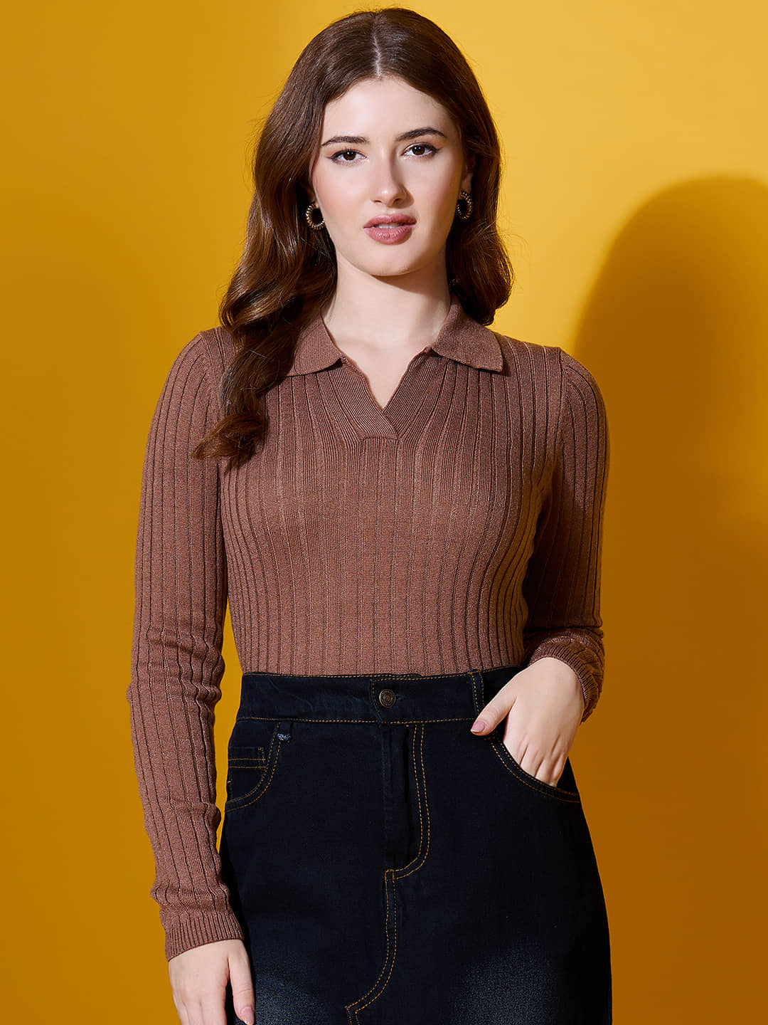 98 Degree North Women Acrylic Shirt Collar Pullover ( Beige )