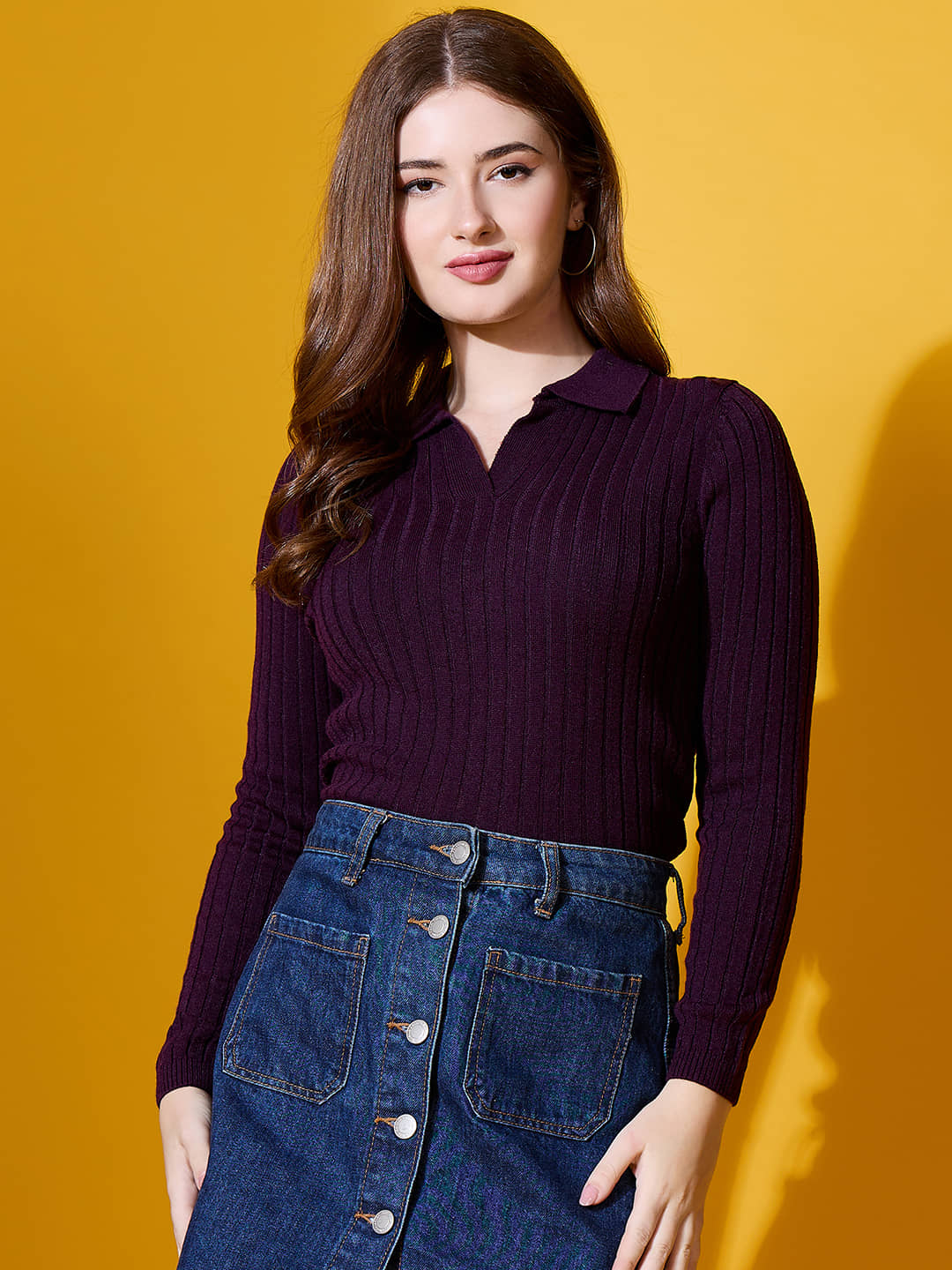 98 Degree North Women Acrylic Shirt Collar Pullover ( Maroon )