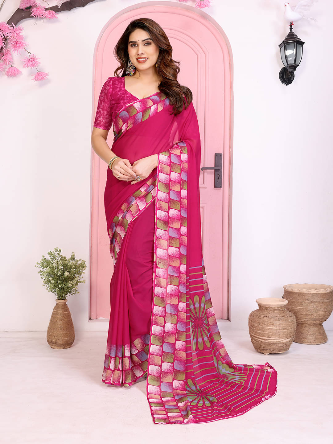     			ANAND SAREES Georgette Printed Kasavu Saree With Unstitched Blouse Piece ( PINK )