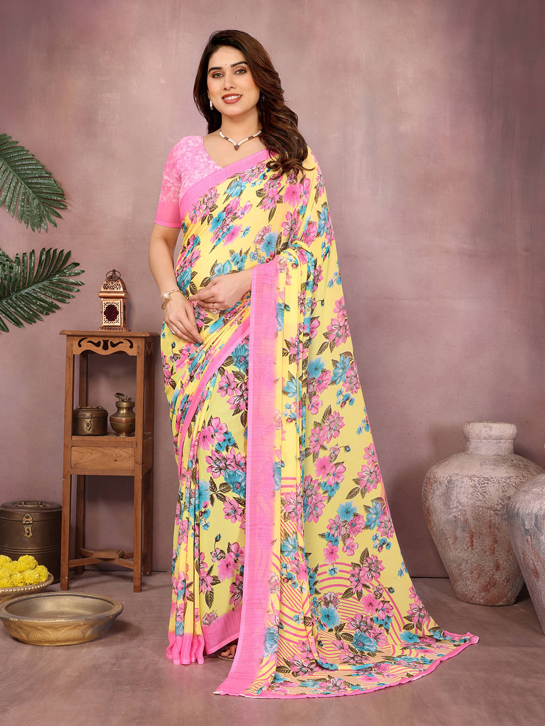     			ANAND SAREES Georgette Printed Kasavu Saree With Unstitched Blouse Piece ( YELLOW )