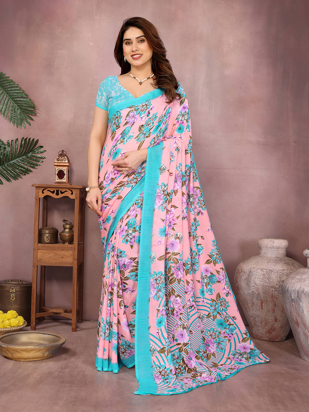 ANAND SAREES Georgette Printed Kasavu Saree With Unstitched Blouse Piece ( PINK ) ANAND SAREES Georgette Printed Kasavu Saree With Unstitched Blouse Piece ( PINK )