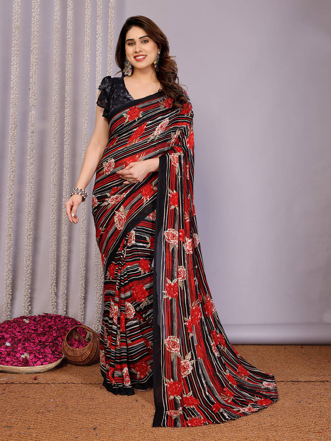 ANAND SAREES Georgette Printed Kasavu Saree With Unstitched Blouse Piece ( BLACK )     			ANAND SAREES Georgette Printed Kasavu Saree With Unstitched Blouse Piece ( BLACK )