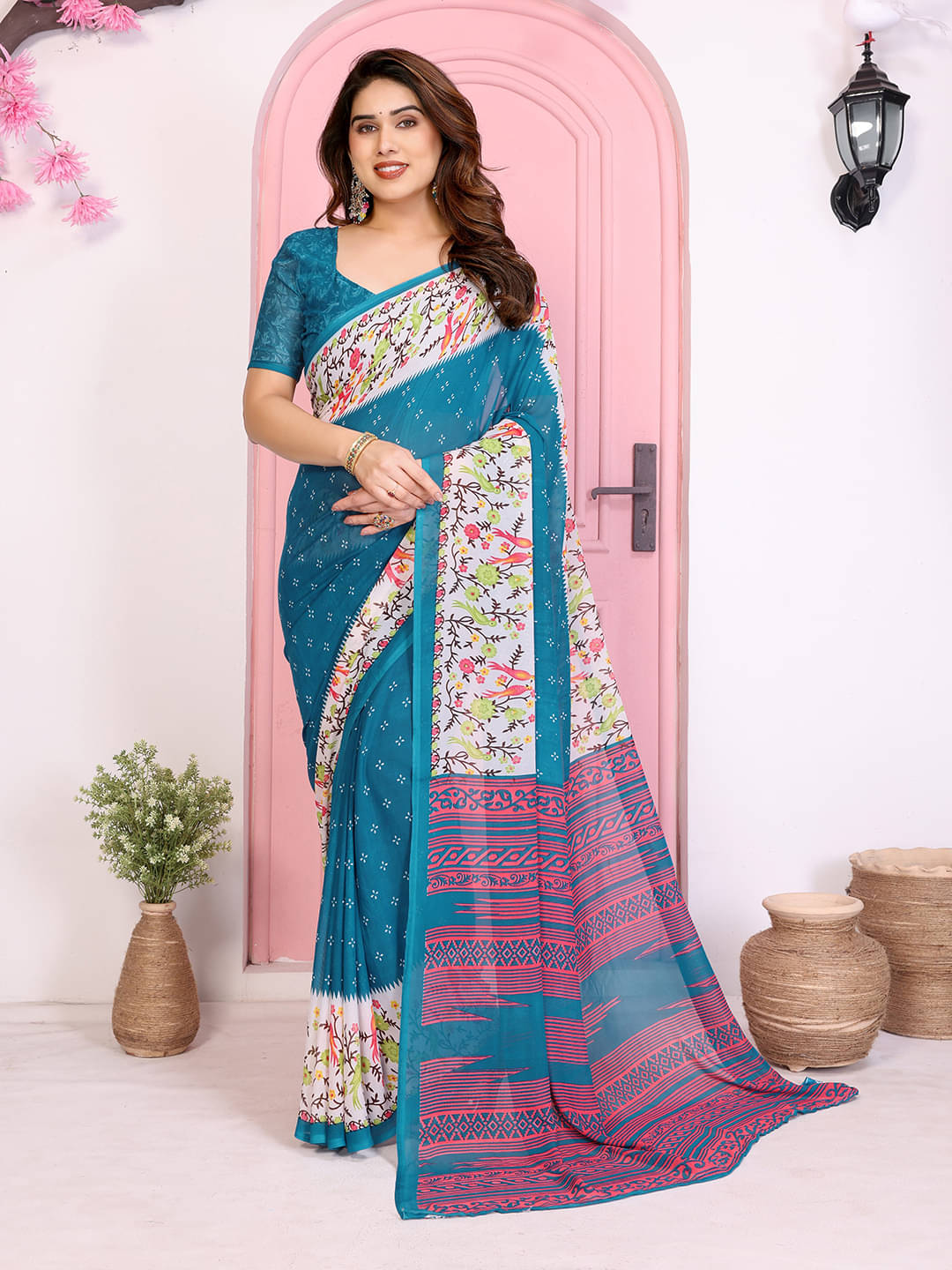     			ANAND SAREES Georgette Printed Kasavu Saree With Unstitched Blouse Piece ( Sea Green )
