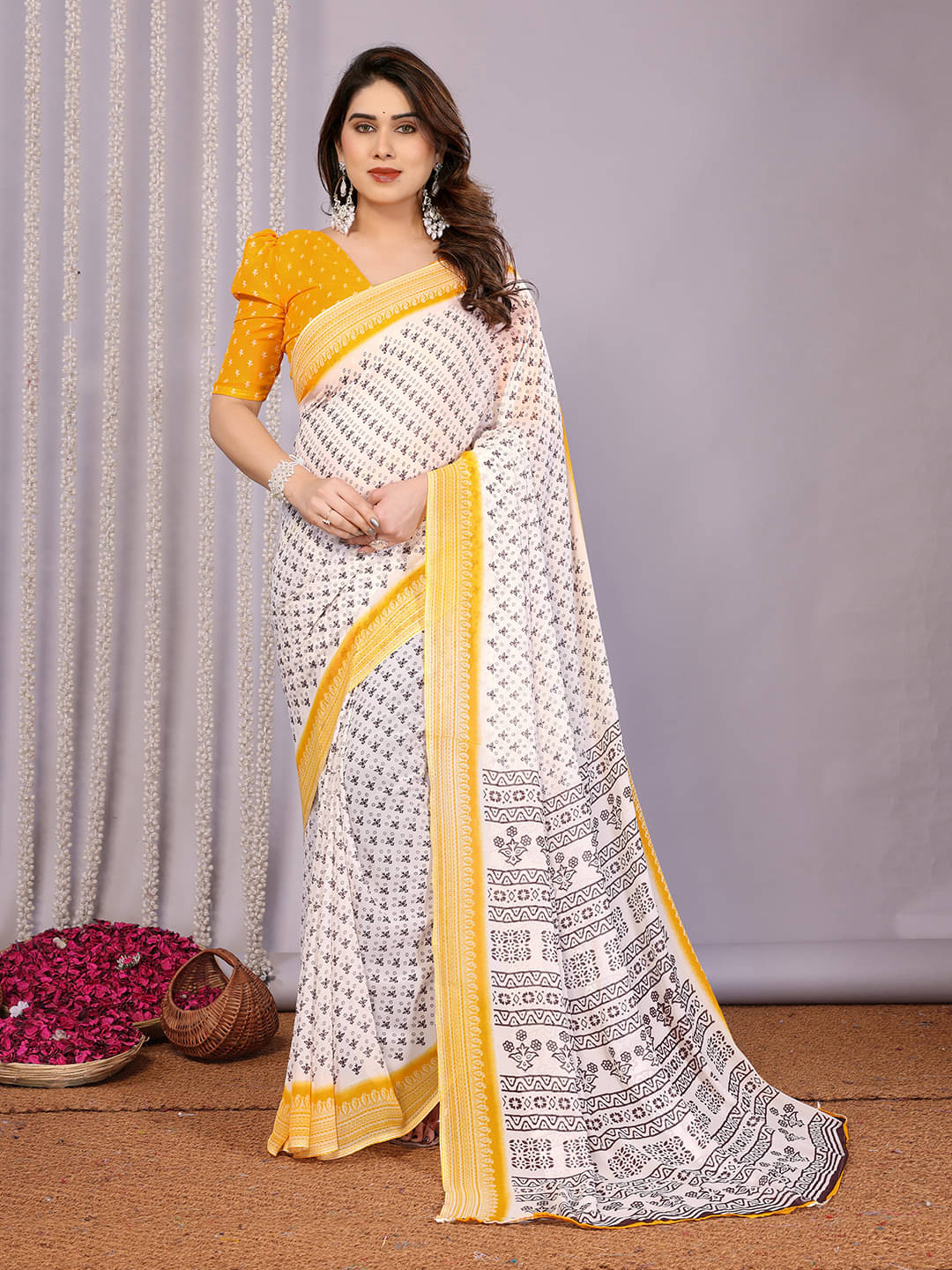     			ANAND SAREES Georgette Printed Kasavu Saree With Unstitched Blouse Piece ( YELLOW )