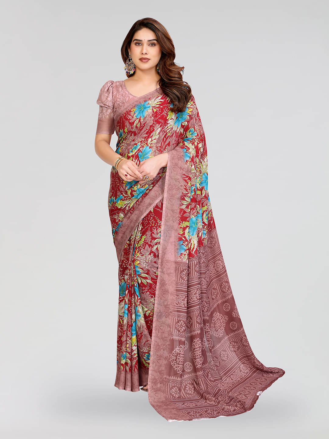     			ANAND SAREES Georgette Printed Kasavu Saree With Unstitched Blouse Piece ( RED )