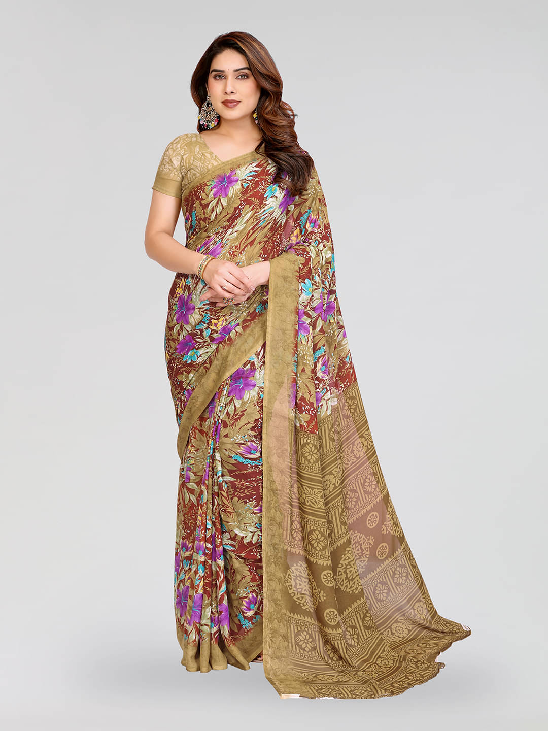     			ANAND SAREES Georgette Printed Kasavu Saree With Unstitched Blouse Piece ( BROWN )