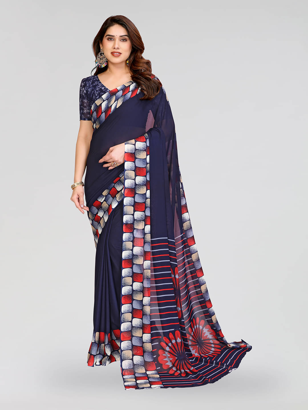     			ANAND SAREES Georgette Printed Kasavu Saree With Unstitched Blouse Piece ( BLUE )