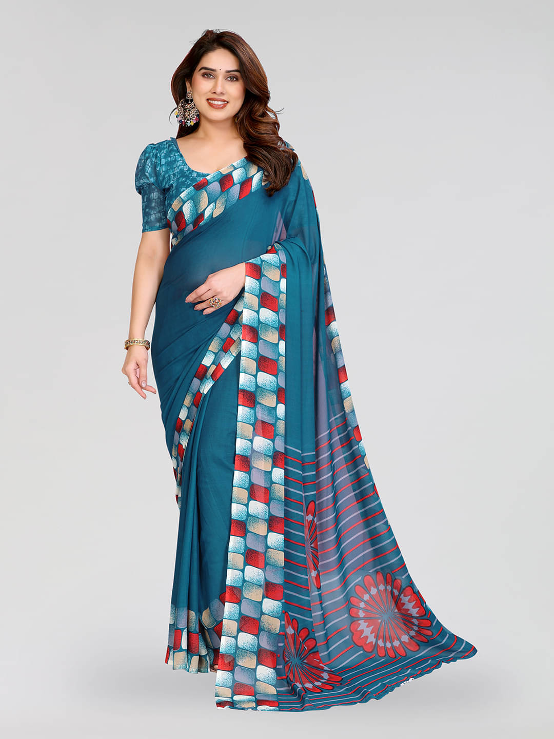 ANAND SAREES Georgette Printed Kasavu Saree With Unstitched Blouse Piece ( RAMA ) ANAND SAREES Georgette Printed Kasavu Saree With Unstitched Blouse Piece ( RAMA )
