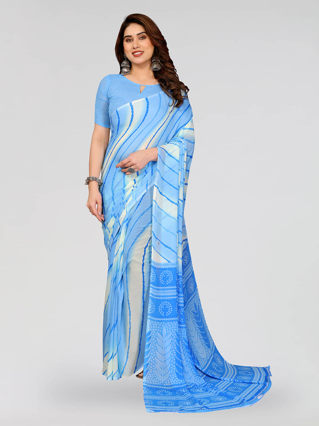     			ANAND SAREES Georgette Printed Kasavu Saree With Unstitched Blouse Piece ( BLUE )