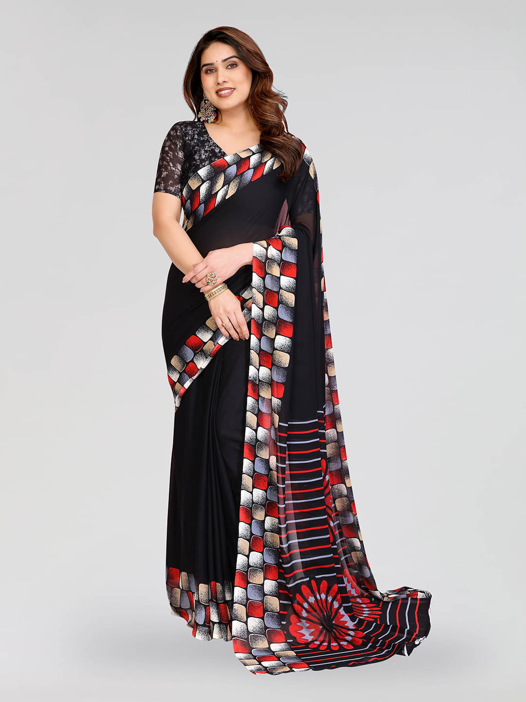     			ANAND SAREES Georgette Printed Kasavu Saree With Unstitched Blouse Piece ( BLACK )