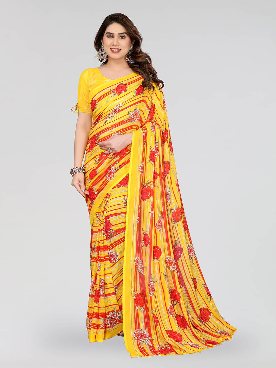 ANAND SAREES Georgette Printed Kasavu Saree With Unstitched Blouse Piece ( YELLOW ) ANAND SAREES Georgette Printed Kasavu Saree With Unstitched Blouse Piece ( YELLOW )
