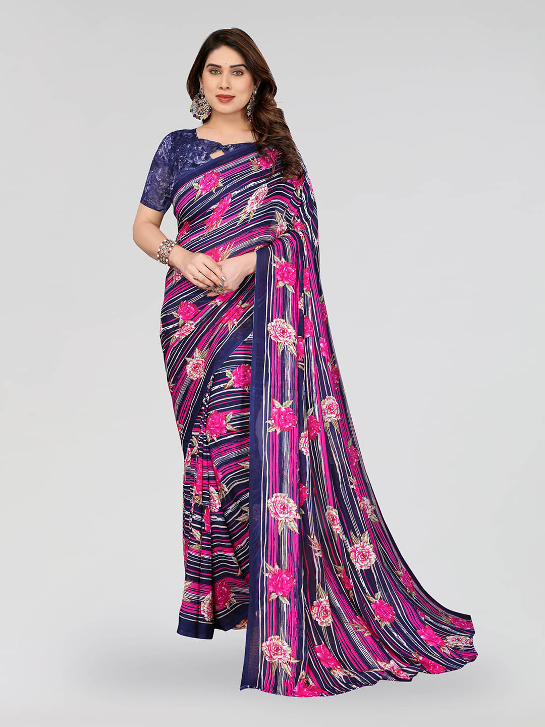     			ANAND SAREES Georgette Printed Kasavu Saree With Unstitched Blouse Piece ( BLUE )